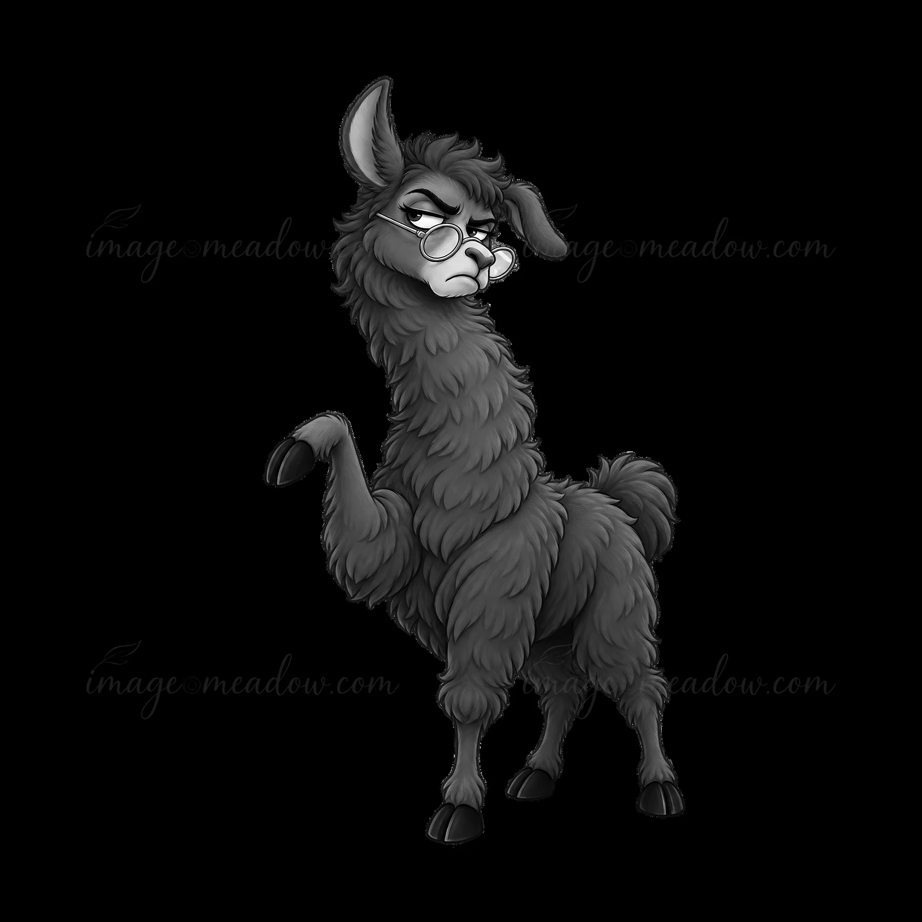 A grumpy llama stands with one leg raised, wearing glasses. The expression shows annoyance. This cartoon sticker illustration captures a humorous character with