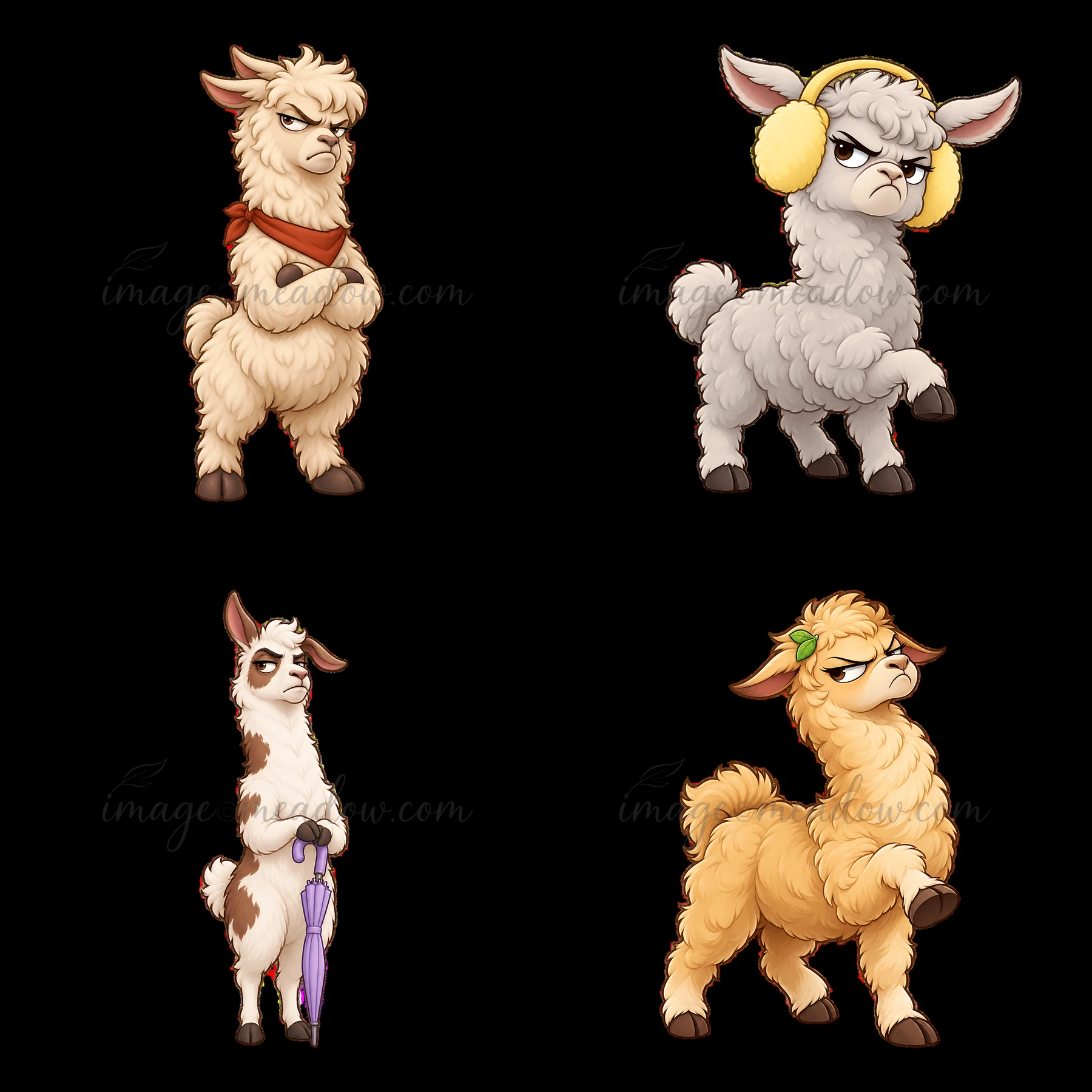 Four cartoon llamas display grumpy expressions. Each llama has unique traits: one wears a red scarf, another has yellow earmuffs, a third holds an umbrella, and