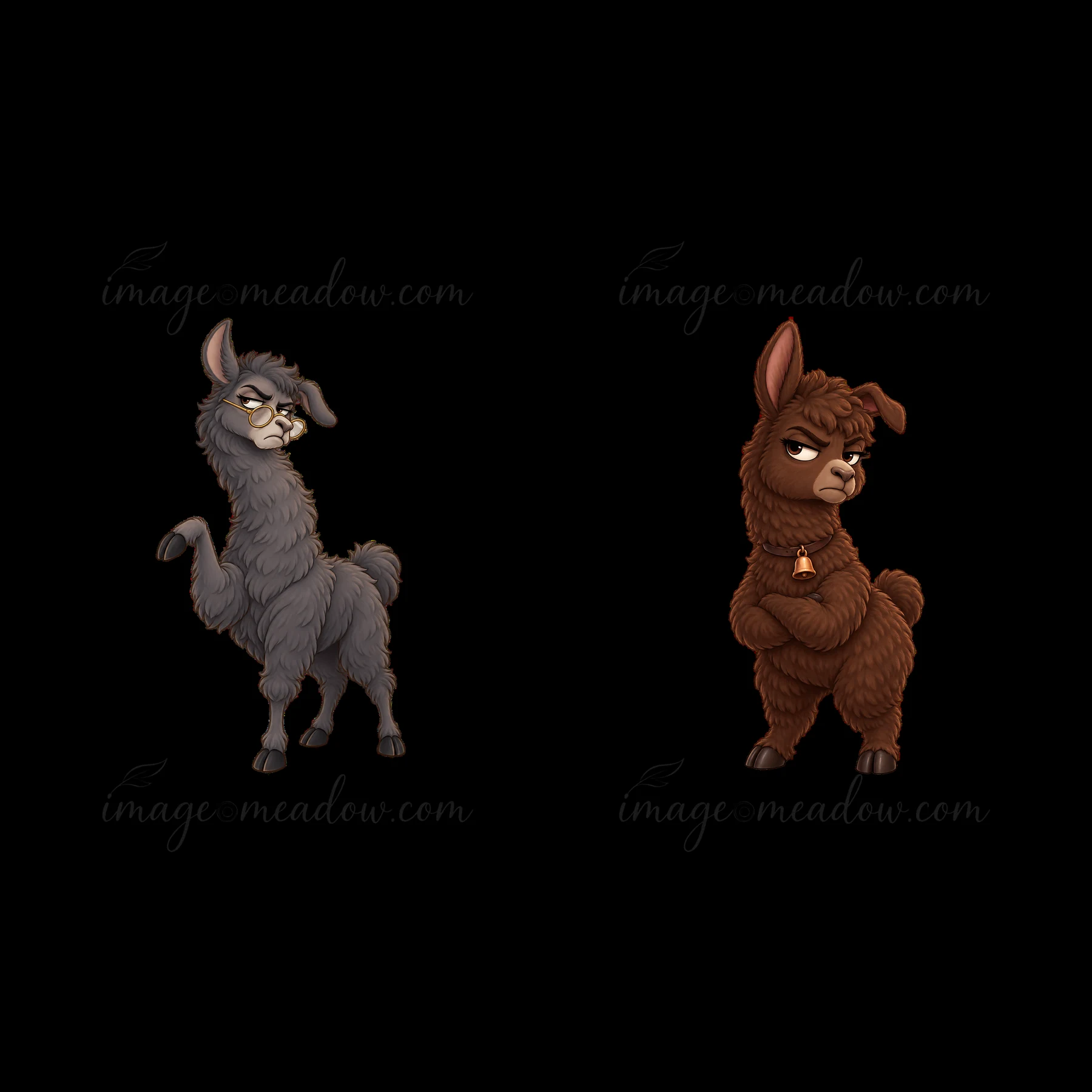 Two cartoon llamas display grumpy expressions. The first llama is gray with a long neck and a sassy pose, while the second is brown with crossed arms, both repr