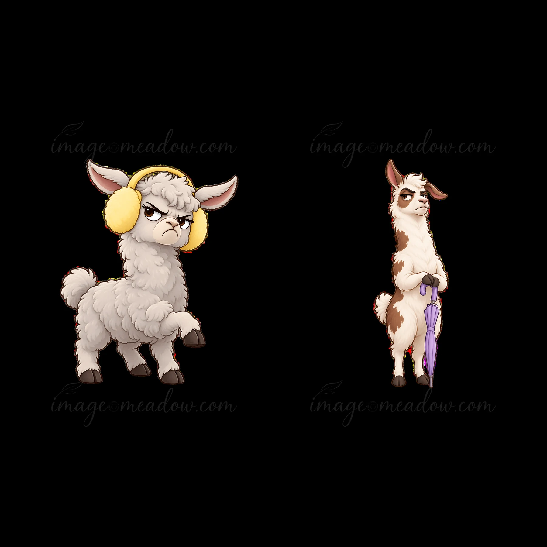 Two cartoon llamas display grumpy expressions. The left llama wears yellow earmuffs and stands with a frown. The right llama holds a purple umbrella, also looki