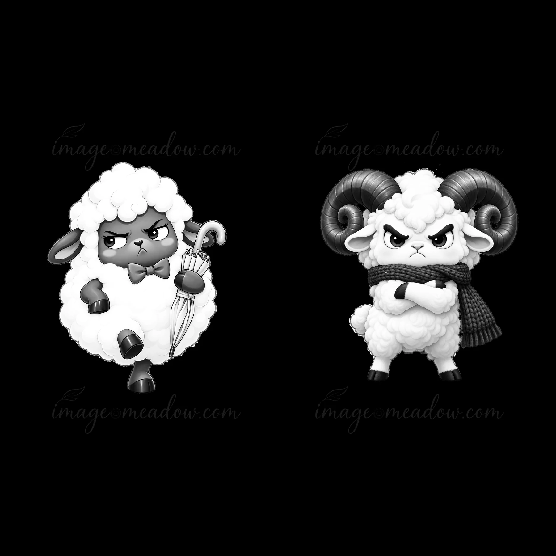 Two grumpy sheep stand side by side. One holds an umbrella and wears a bow tie. The other wears a scarf and has large curved horns. They express a distinct atti