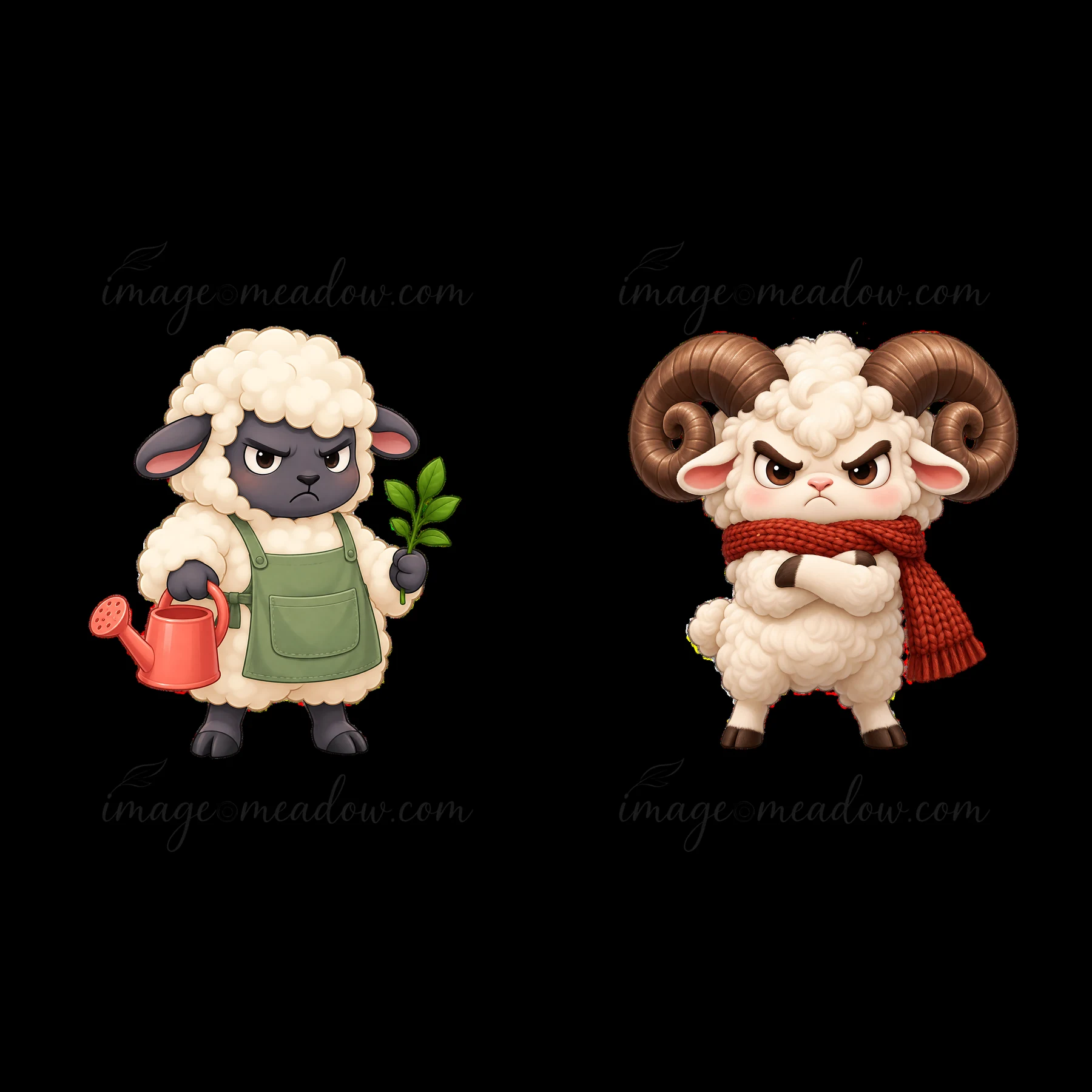 A pair of kawaii grumpy sheep are seen together. One sheep holds a watering can and a green sprig while the other wears a red scarf. Both have distinct facial e