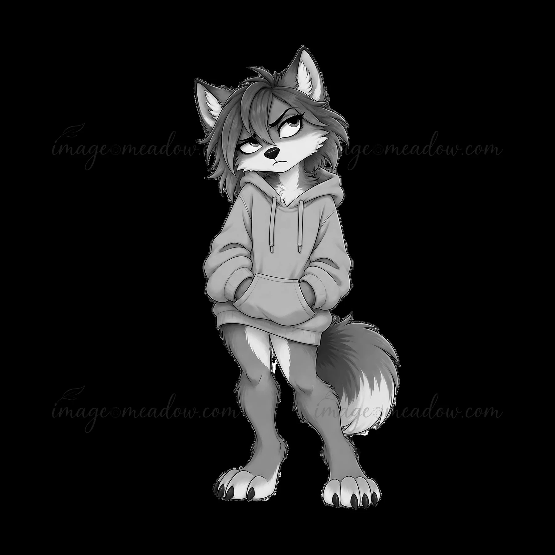 A grumpy wolf character stands with crossed arms. The wolf wears a hoodie, has a fluffy tail, and shows a frustrated expression. It has a cartoon style and a mo