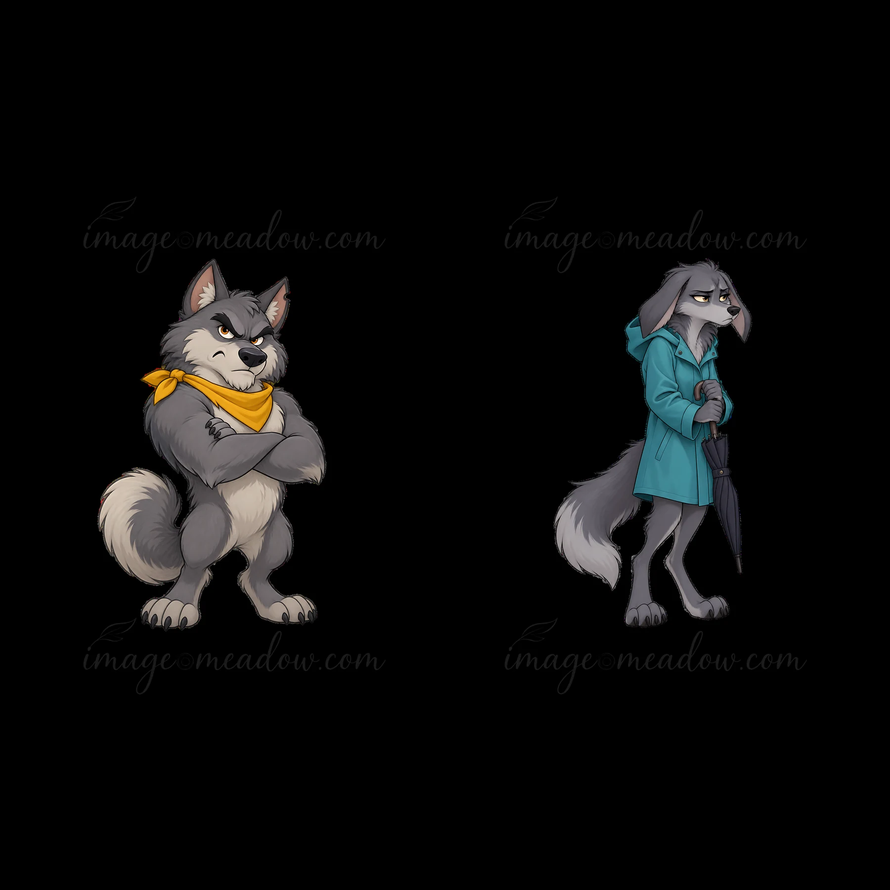 Two cartoon wolf characters display distinct personalities. The left wolf wears a yellow scarf and shows a confident pose, while the right wolf, dressed in a te