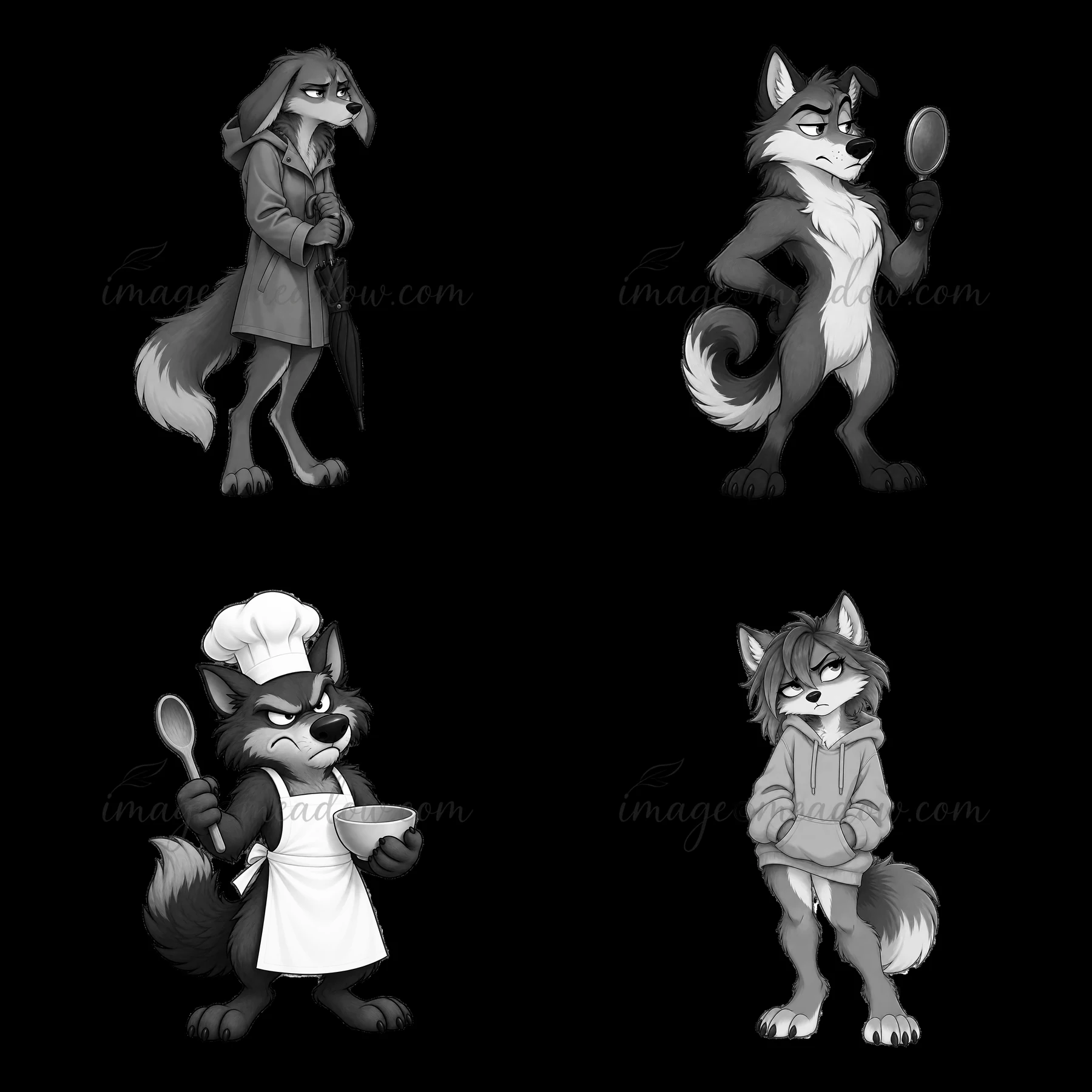 Four distinct grumpy wolf characters show different moods and activities. One holds an umbrella, another a spoon, a third holds a bowl, and the last appears rel