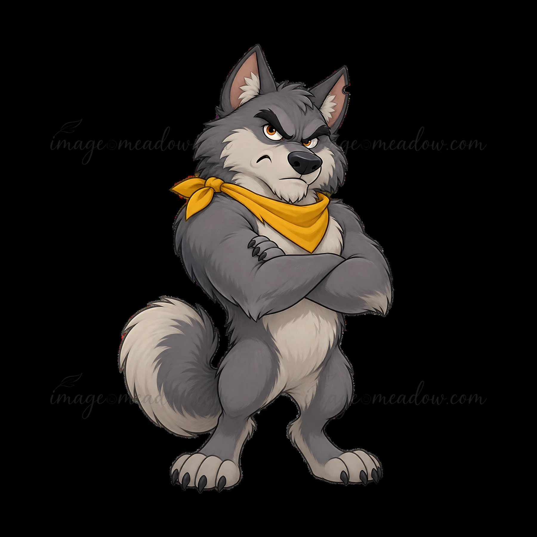 The grumpy wolf stands with crossed arms. It has grey fur and a white underbelly. A yellow scarf is tied around its neck. This character has a stern expression
