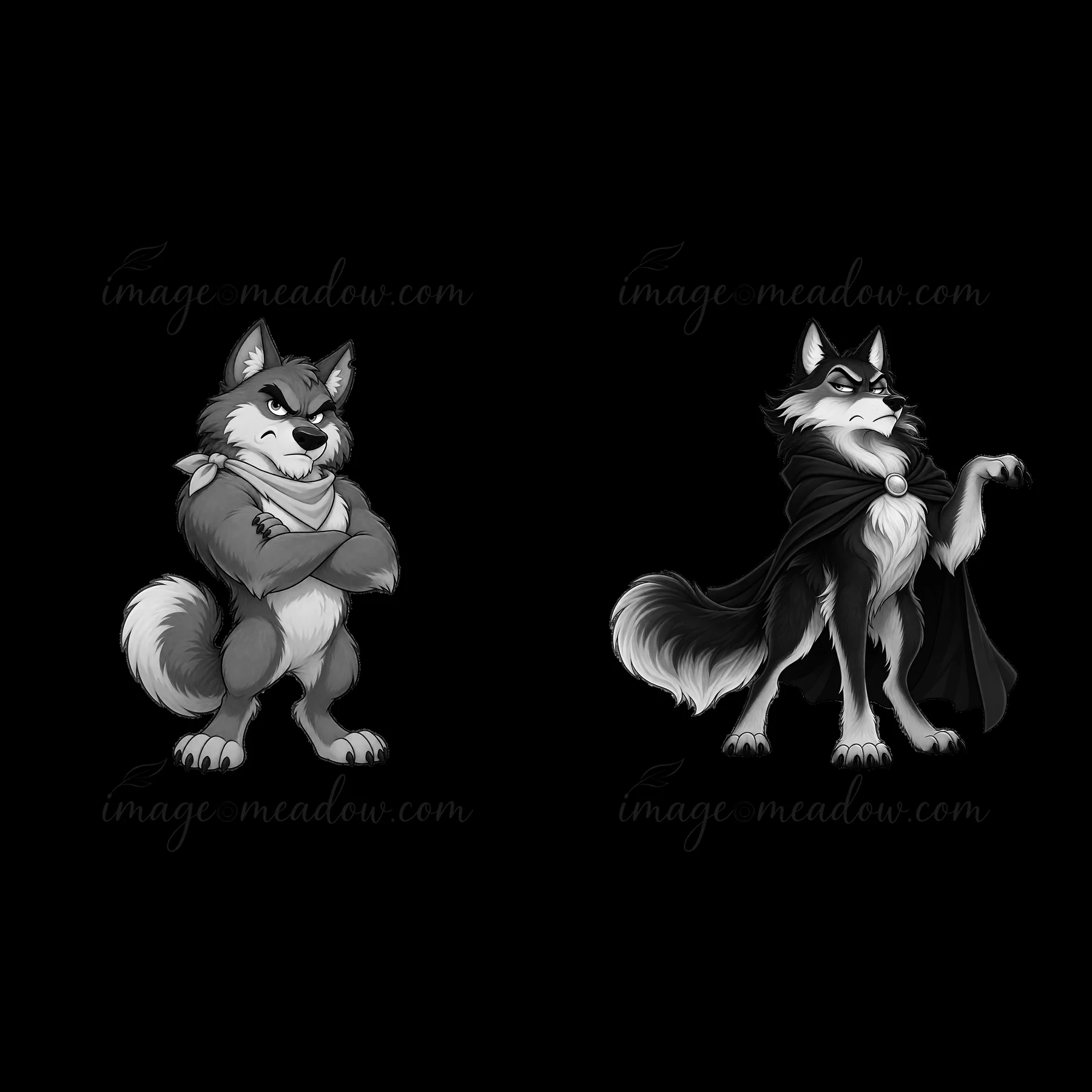 Two cartoon wolf characters are shown side by side. One wolf stands confidently with arms crossed, while the other stands with a cape and sly expression. Both c