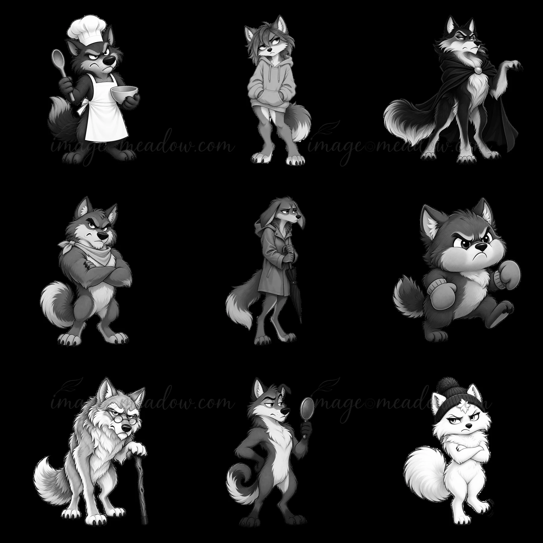 This artwork features nine grumpy wolf characters displayed in a 3x3 arrangement. Each character has a unique outfit and expression, showcasing different roles