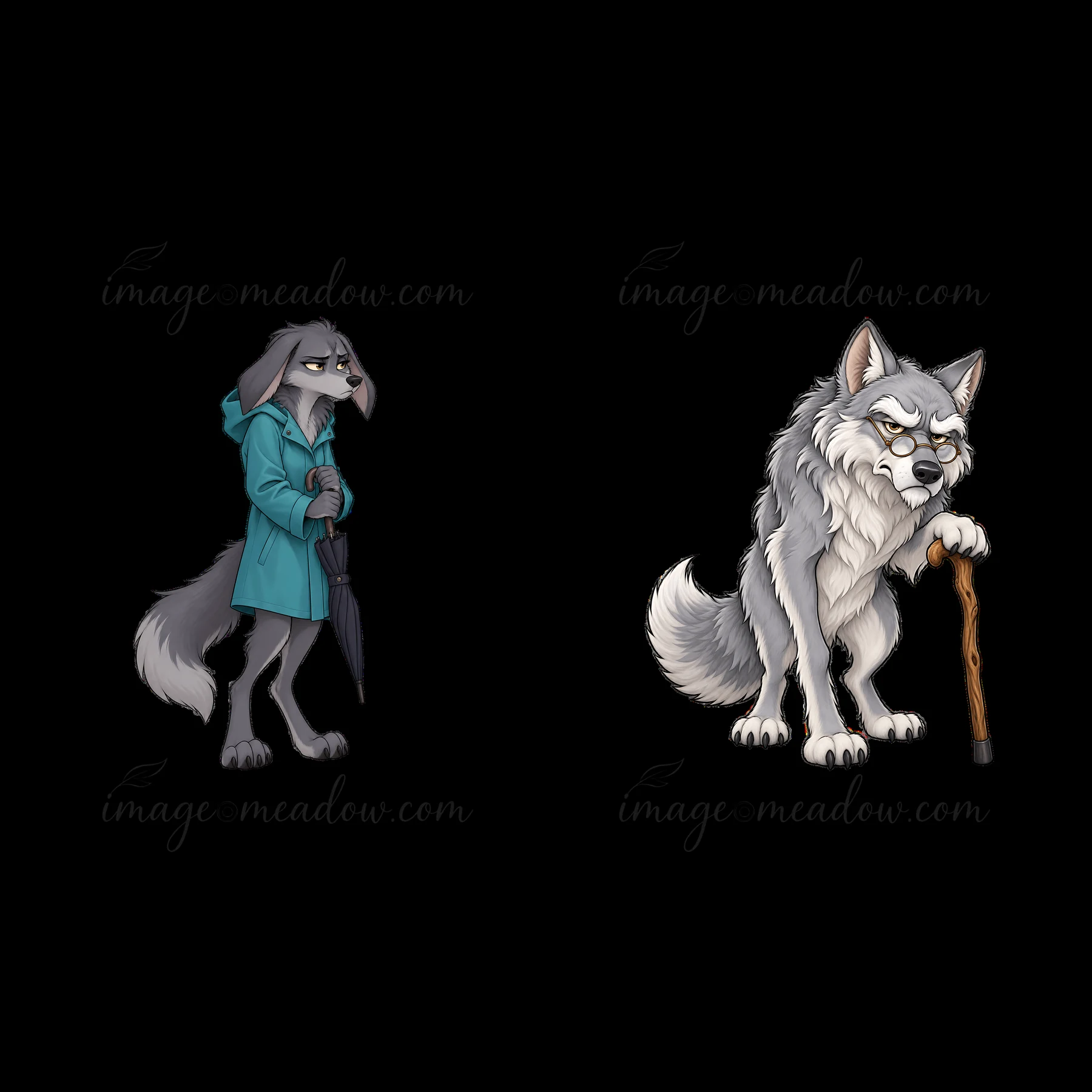 Two cartoon wolves display their grumpy expressions. The wolf on the left holds an umbrella and wears a blue coat. The wolf on the right uses a cane for support