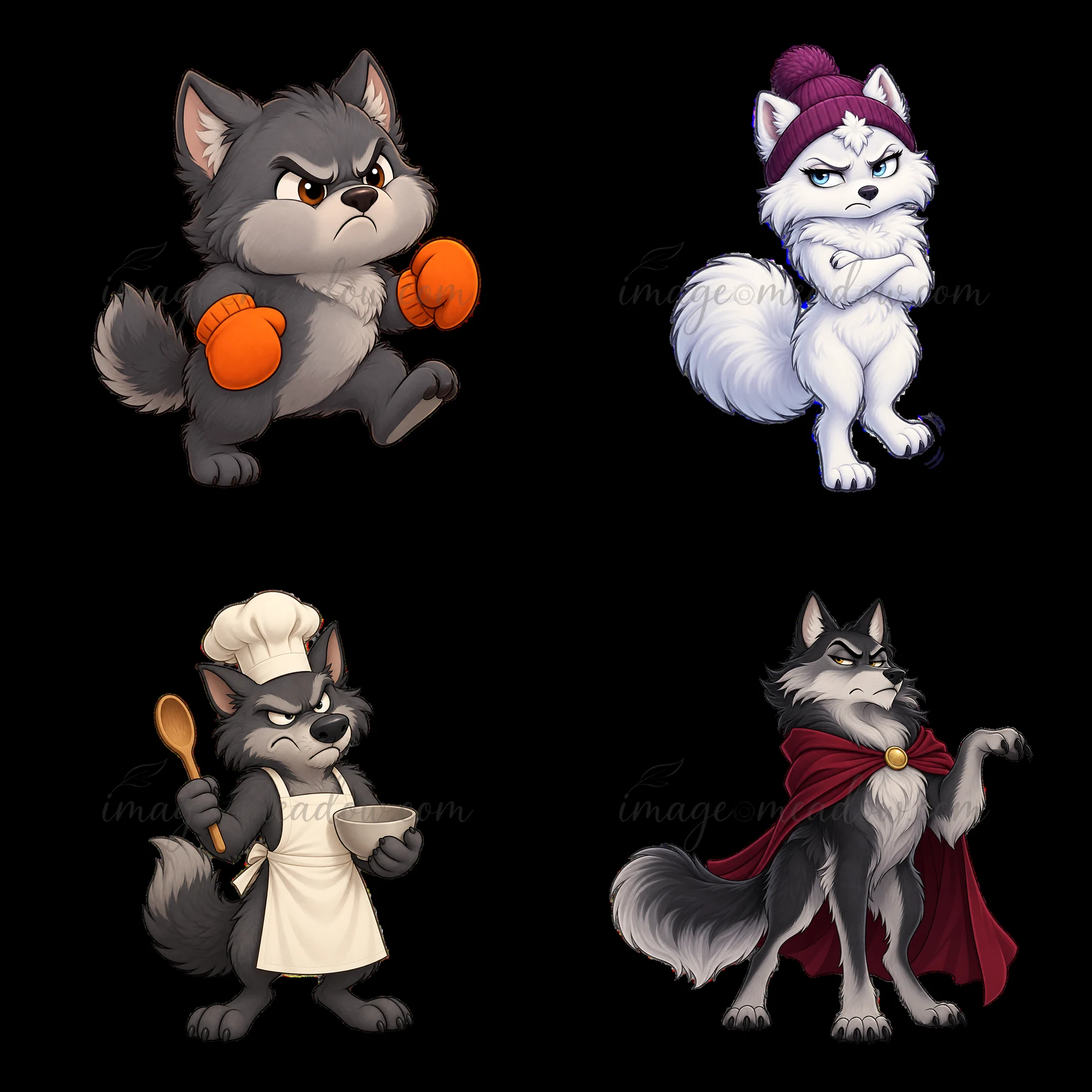 Four cartoon wolves display various emotions and activities. One wolf wears orange gloves and runs, another crosses its arms, a third cooks in a chef's outfit,