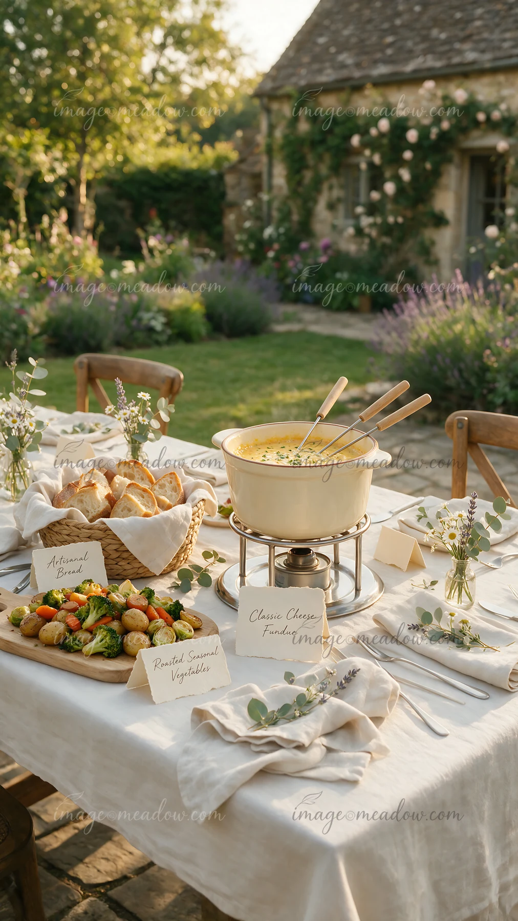 Guests enjoy a fondue buffet table featuring various dips and fresh vegetables in a garden setting.