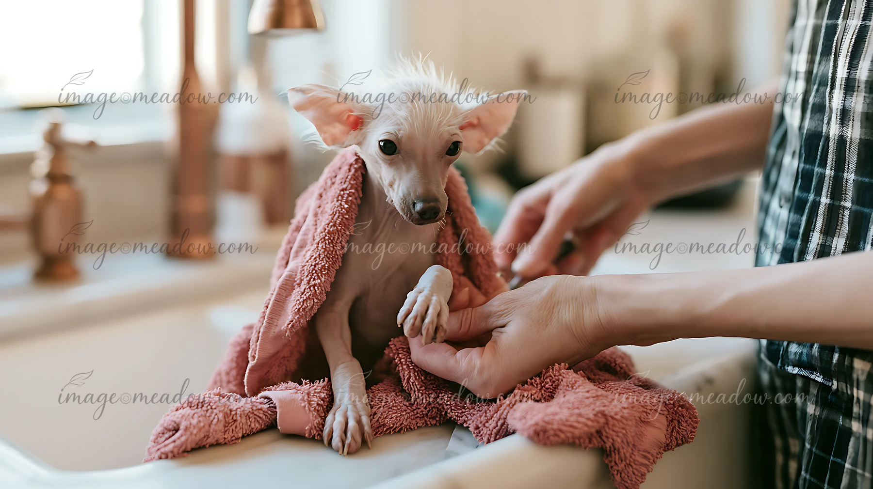 Hairless puppy wrapped in a pink towel while a person gently grooms its paw indoors.