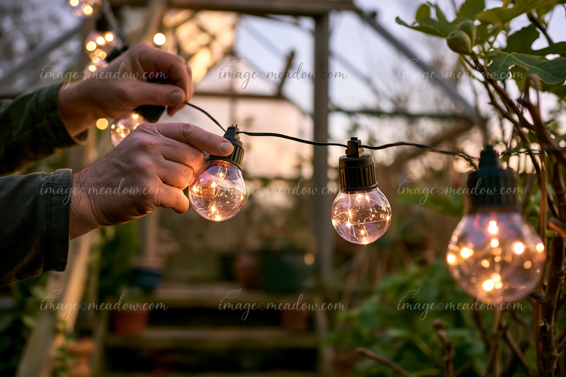 Hands arrange glowing bulb string lights beside a leafy outdoor staircase at dusk.