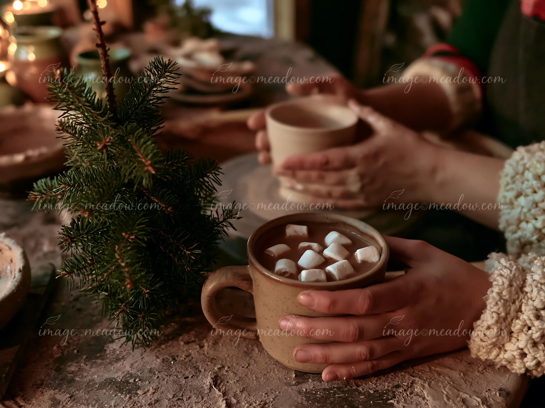 Hands hold a mug of cocoa topped with marshmallows beside a small evergreen tree at a warmly lit table.
