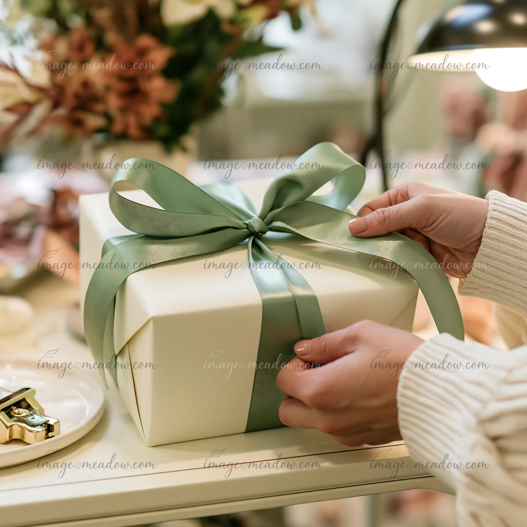 Hands tie a green ribbon around a wrapped gift box on a table beside wrapping supplies.