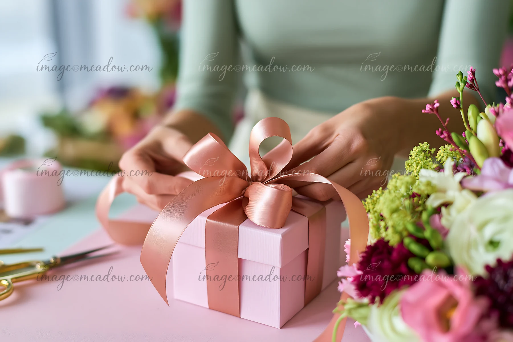 Hands tie a pink ribbon around a gift box beside a colorful flower arrangement.