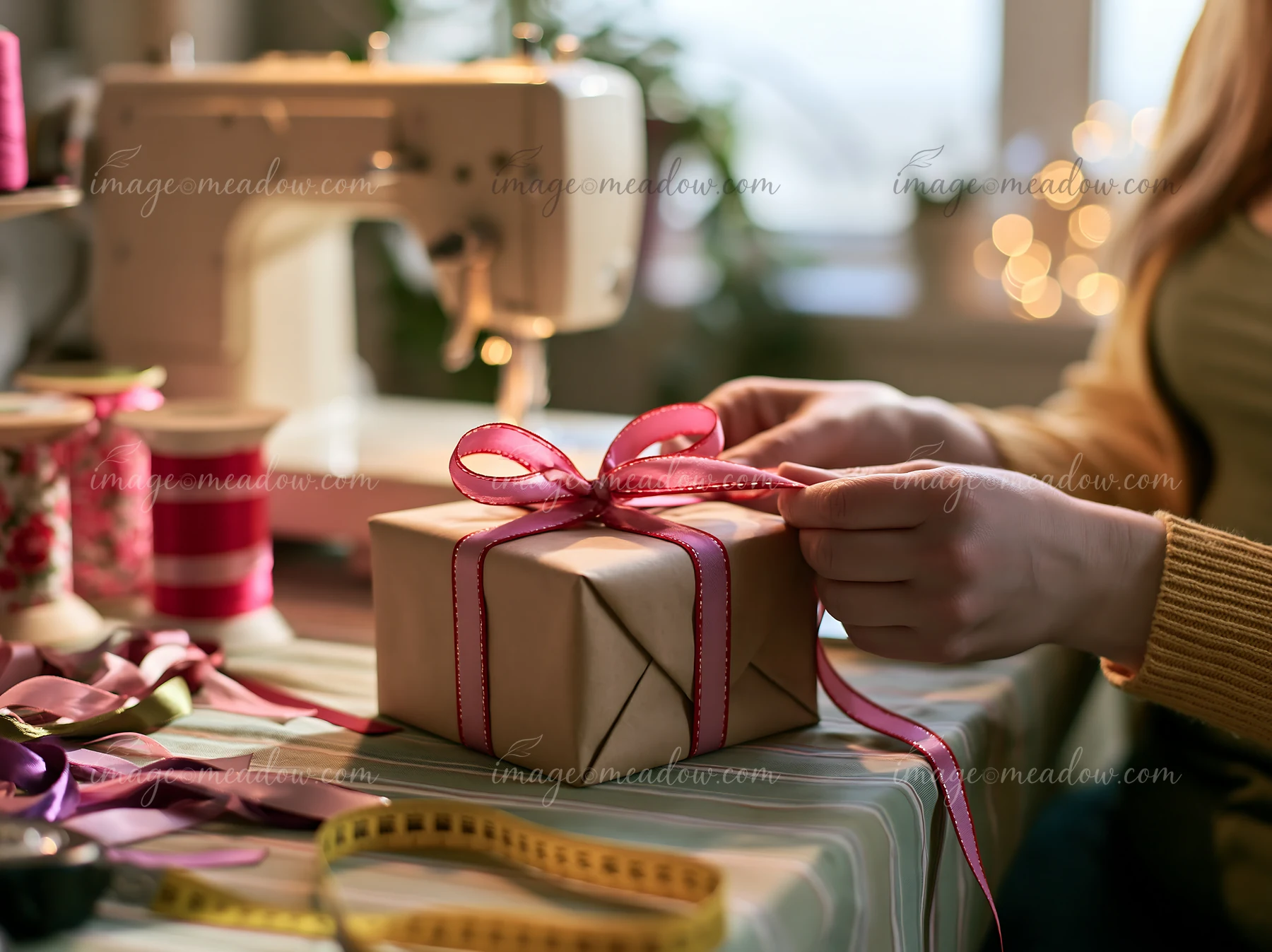 Hands tie a pink ribbon around a gift box on a table cluttered with ribbons and a sewing machine.