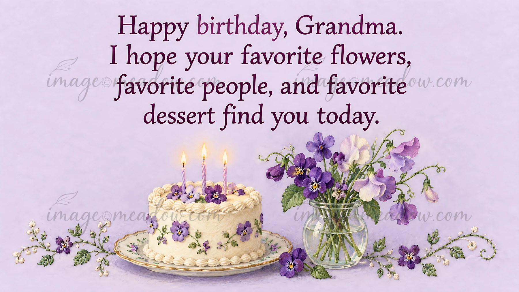 Lavender birthday greeting illustration with a heartfelt message for Grandma above a white cake with three candles, purple pansies, and a glass vase of flowers.