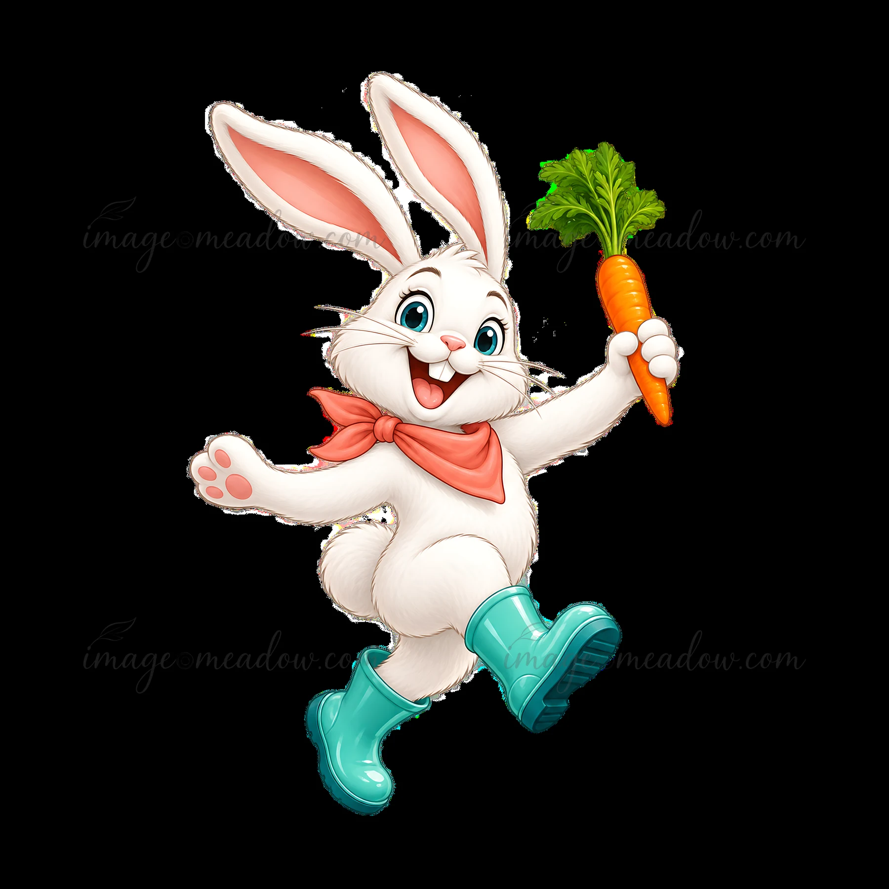 A cheerful bunny is hopping joyfully while holding a bright orange carrot. The bunny has white fur, pink ears, and a scarf around its neck. It wears green boots
