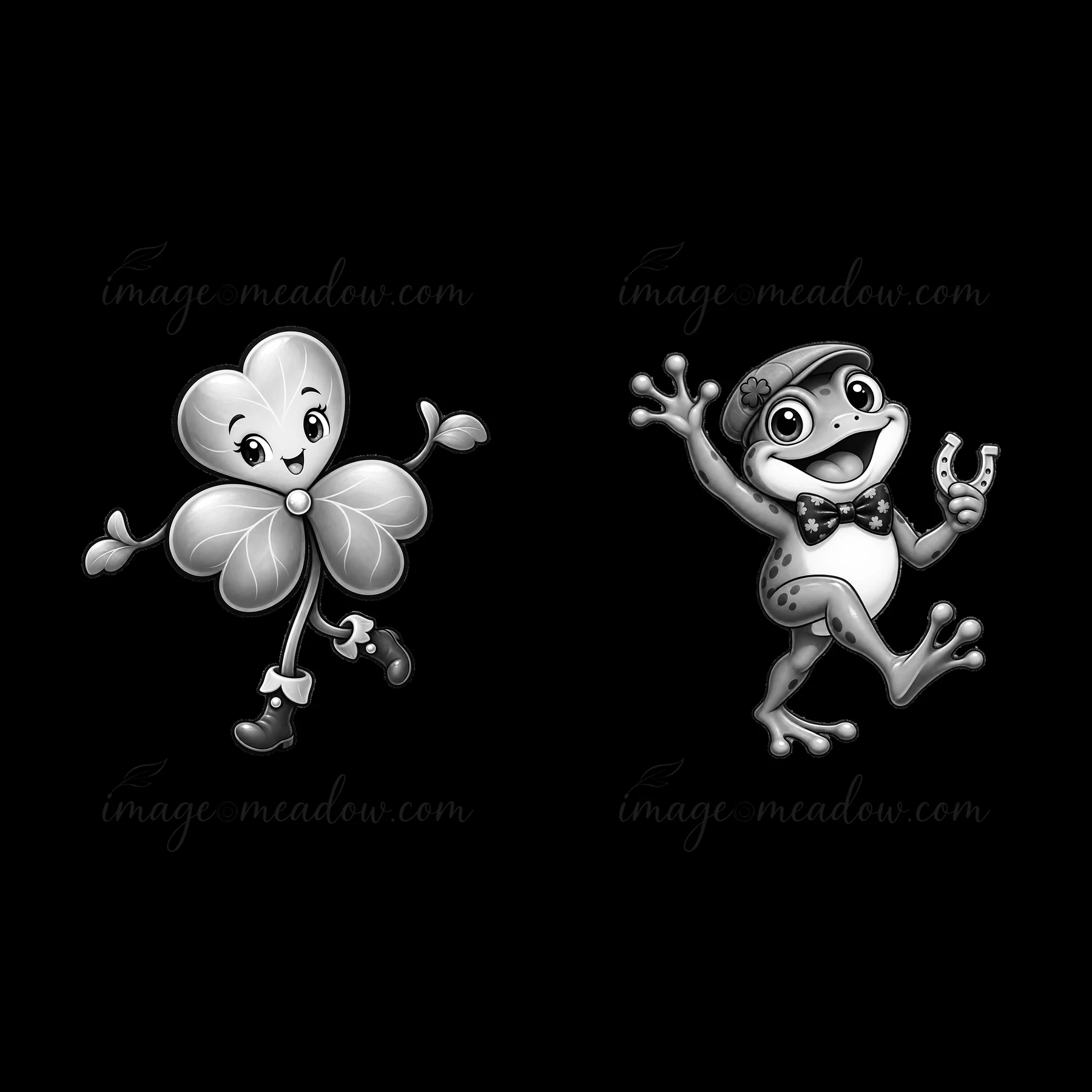 A smiling shamrock with shoes and a cheerful frog wearing a bow tie and holding a horseshoe are dancing. They represent St. Patrick's Day festivities and joy.