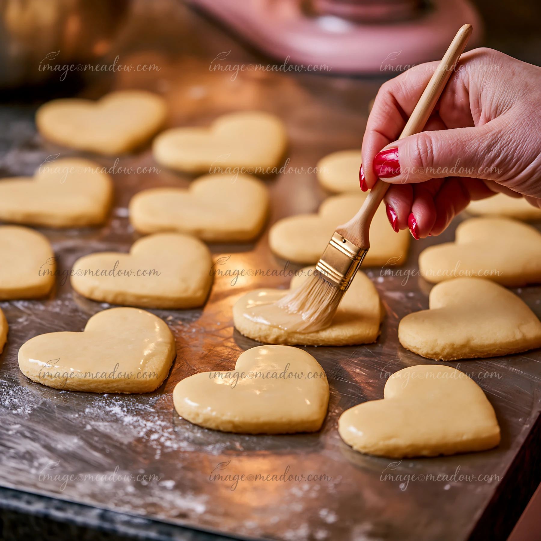 Heart shaped cookies are placed on a kitchen counter while a hand brushes icing on them.