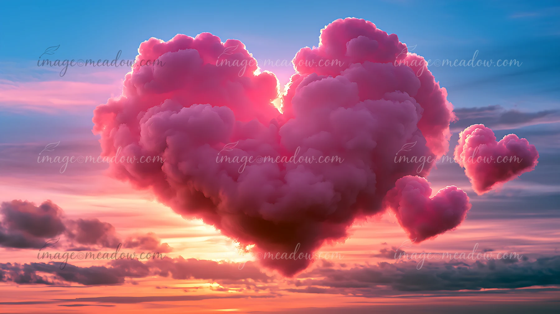 Heart-shaped pink clouds float in the sky during sunset, creating a vibrant scene against shades of orange and blue.