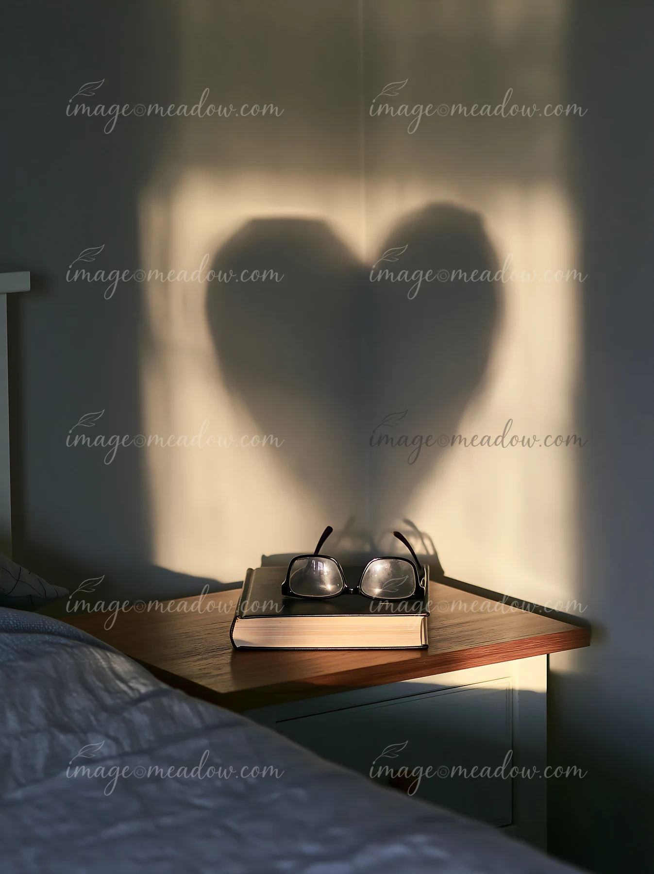 Heart-shaped shadow from window light falls on a bedroom wall behind eyeglasses and a closed book on a bedside table.