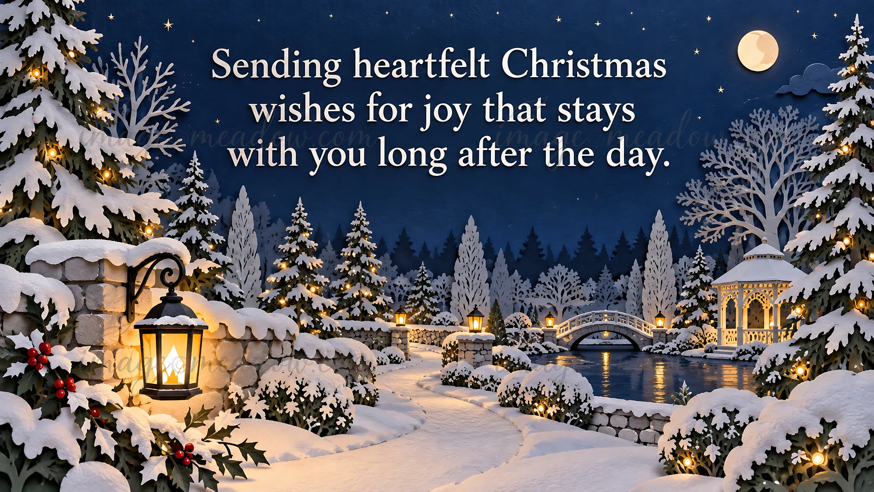Christmas greeting illustration with the message “Sending heartfelt Christmas wishes for joy that stays with you long after the day.” above a snow-covered villa