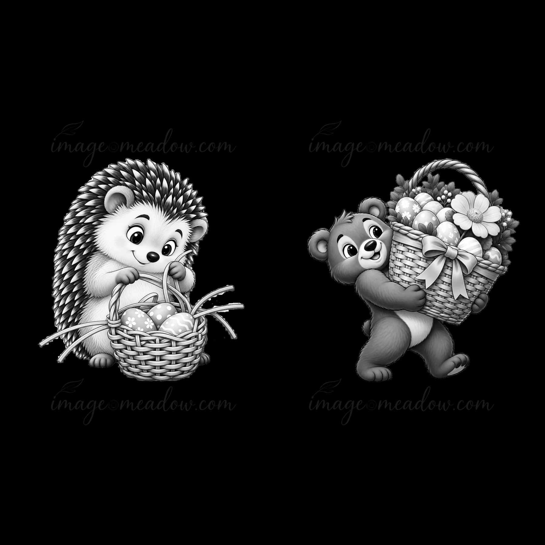 A hedgehog with quills looks at a basket filled with eggs while a bear carries a basket of flowers. This illustration centers around the theme of Easter, captur