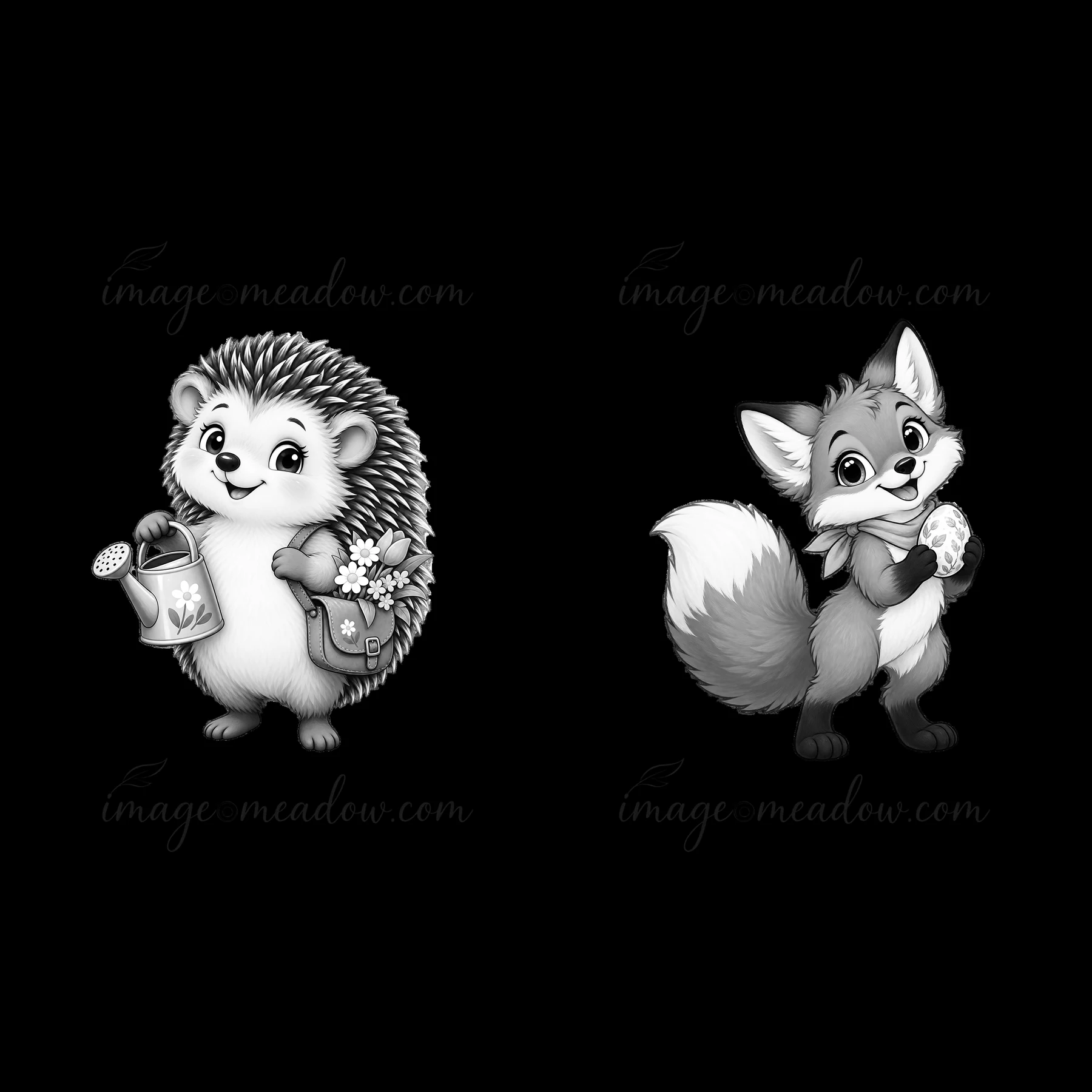 A hedgehog smiles while holding a watering can filled with flowers. A fox stands next to it, holding a decorated egg. Both are cheerful characters, set in an Ea