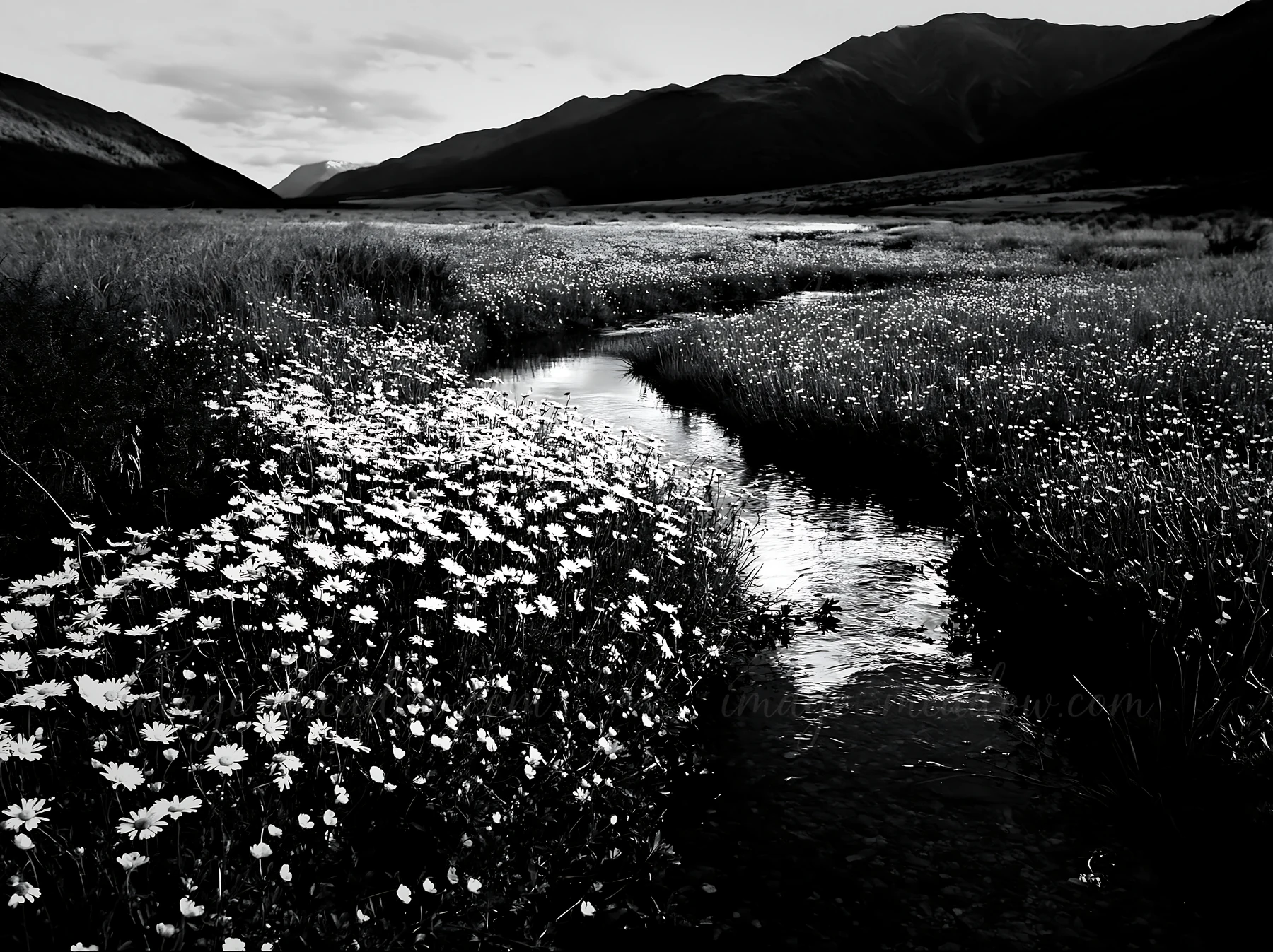 A winding stream flows through a meadow filled with flowers and grass, surrounded by mountains in the background. This scene captures a moment in nature with a