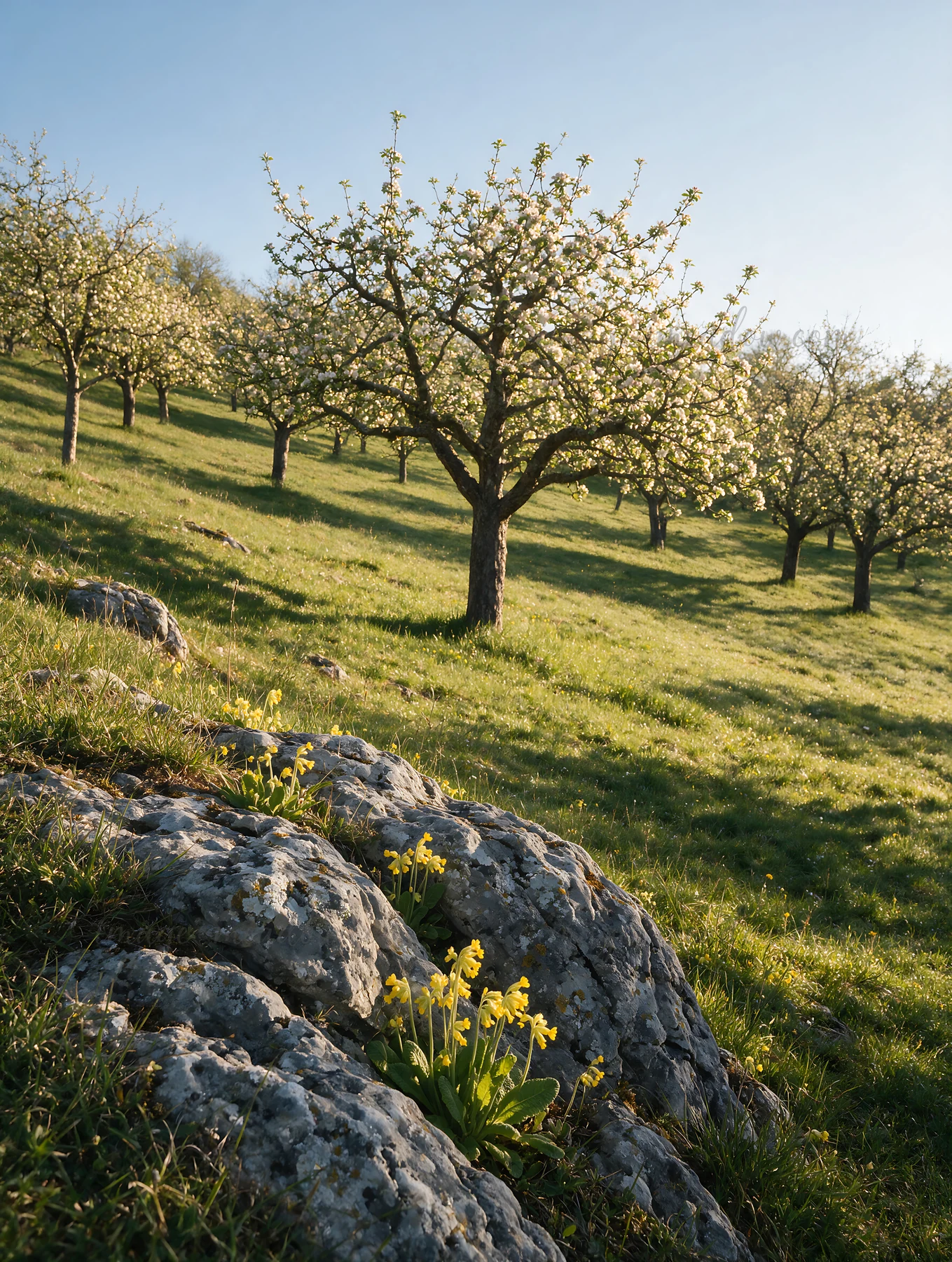 The scene shows an apple meadow on a hillside with blooming trees. Yellow flowers grow among rocks in the foreground while the sun shines brightly above.