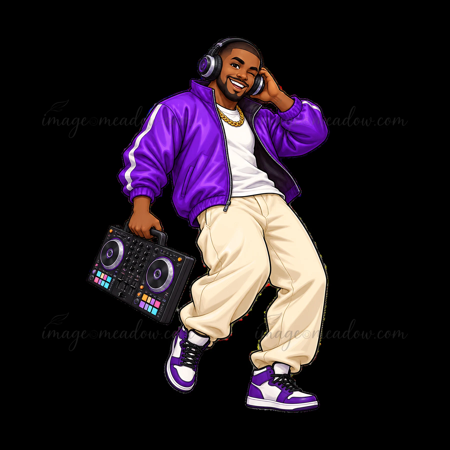 A hip-hop artist smiles while holding a DJ controller. Dressed in a purple jacket and white pants, he poses with headphones on, showing a confident and lively d