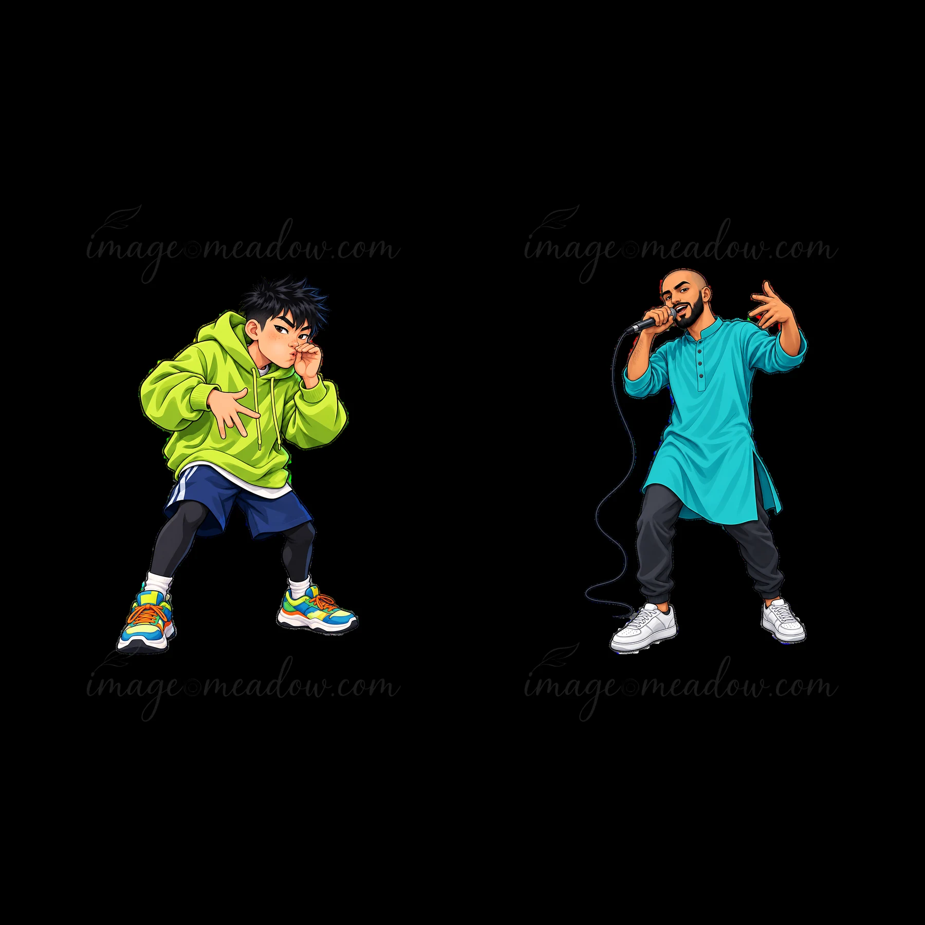 A cartoon sticker shows two hip-hop artists. One wears a green hoodie and strikes a pose while the other sings into a microphone. They are set against a neutral