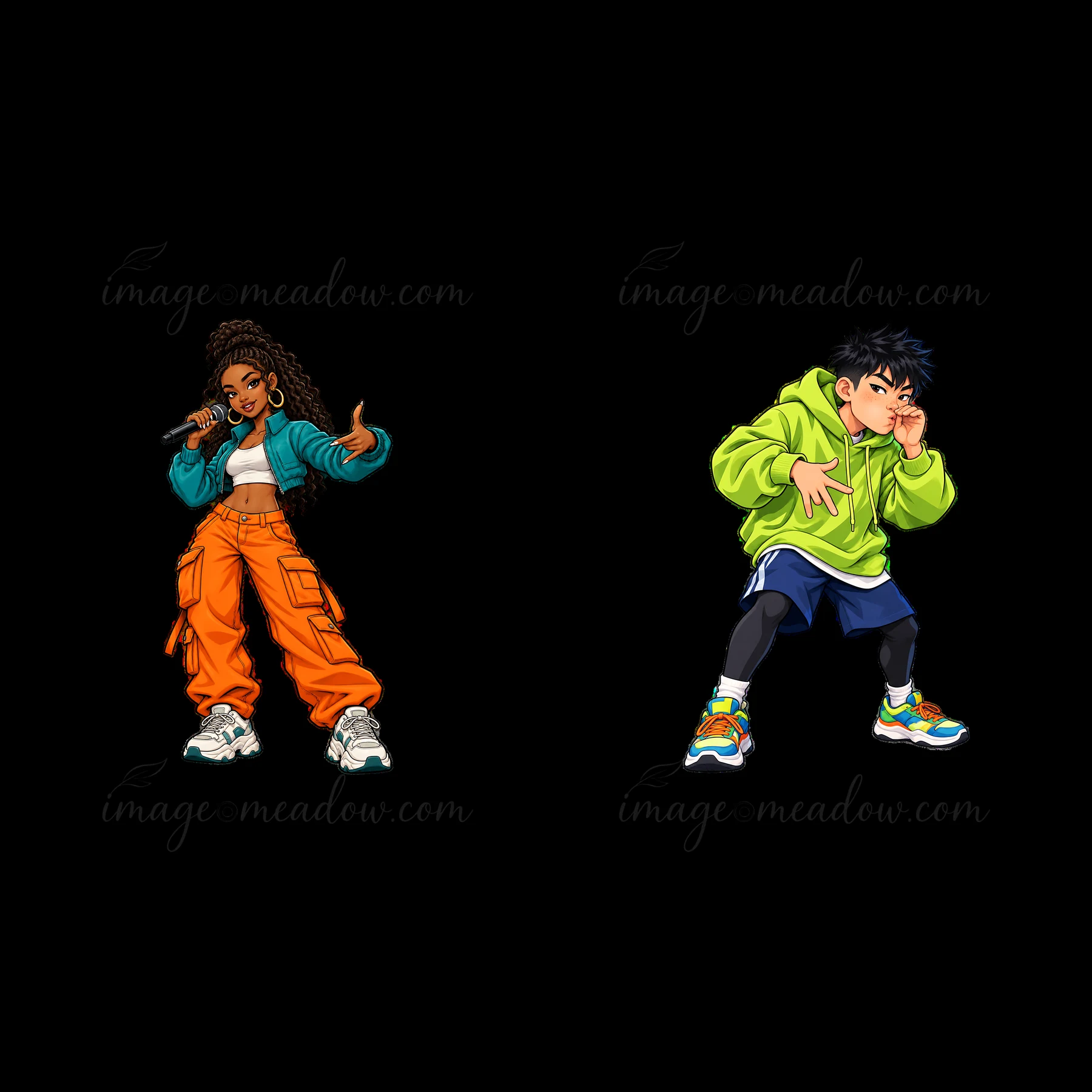 Two hip-hop artists stand in a dynamic pose. One is a woman wearing an orange outfit and holding a microphone, while the man wears a green hoodie and strikes a