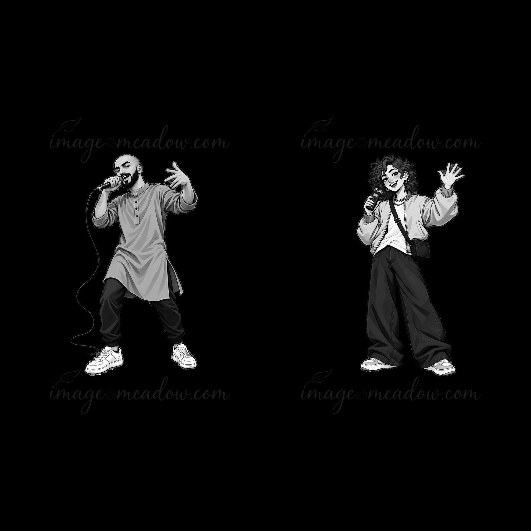 Two hip-hop artists are standing and performing with microphones. The man on the left is wearing a long shirt and the woman on the right is casually dressed. Th