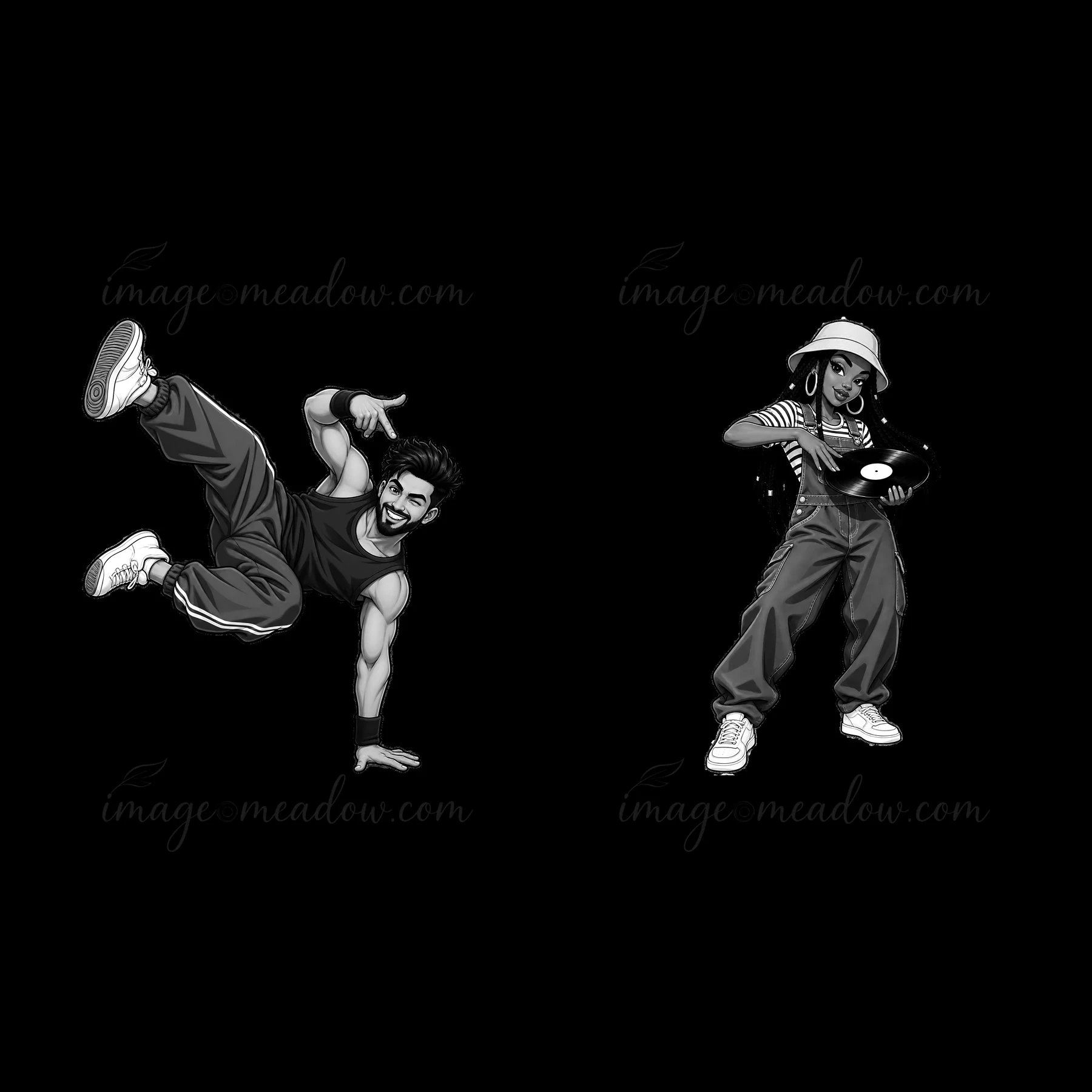 Two hip-hop dancers are shown in black-and-white. One dancer performs a breakdance move while the other holds a vinyl record. This illustration captures urban d