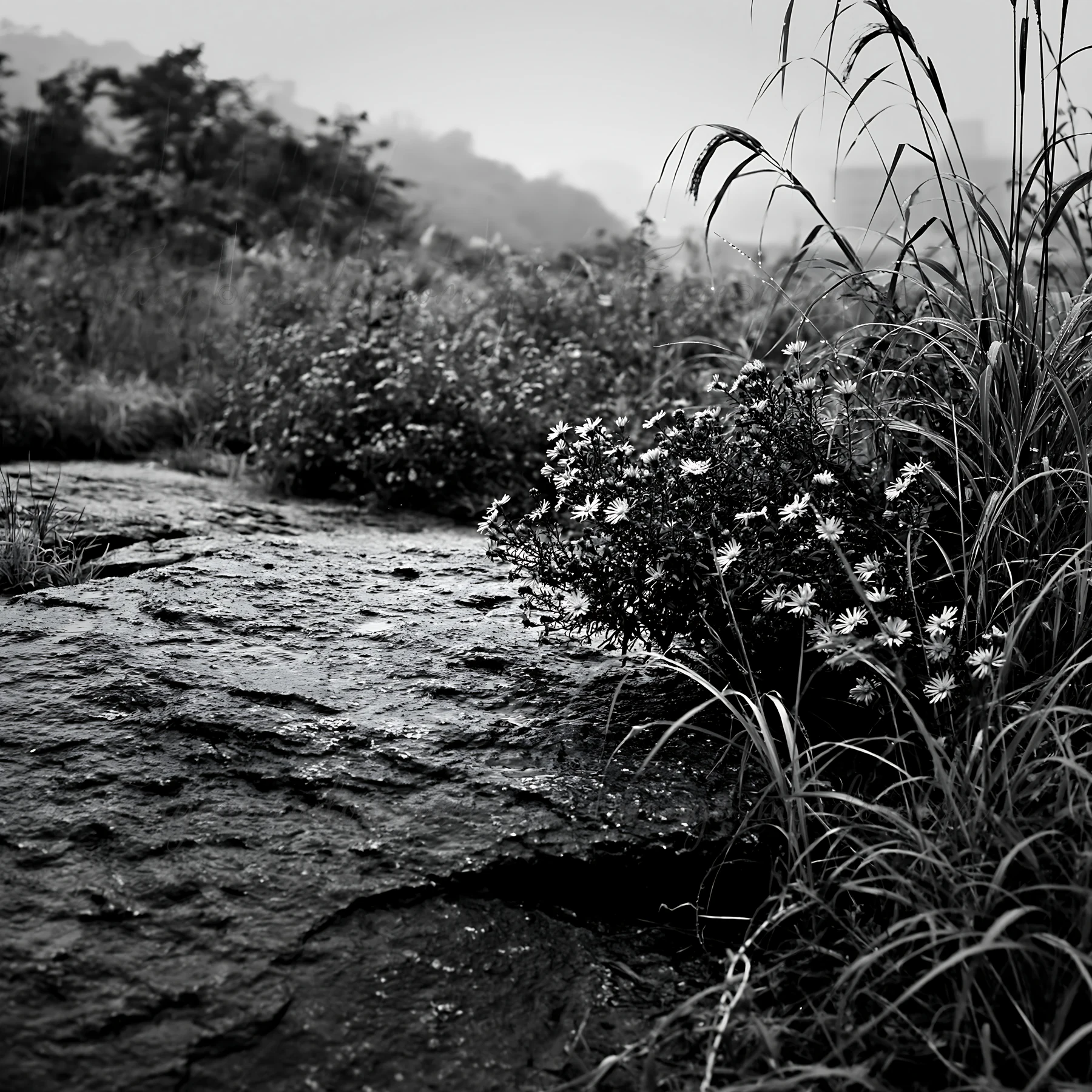 In Hiroshima, a smooth rock lies in the foreground of a rainy meadow filled with grass and flowers. The overcast sky adds a muted light to the scene. Presented