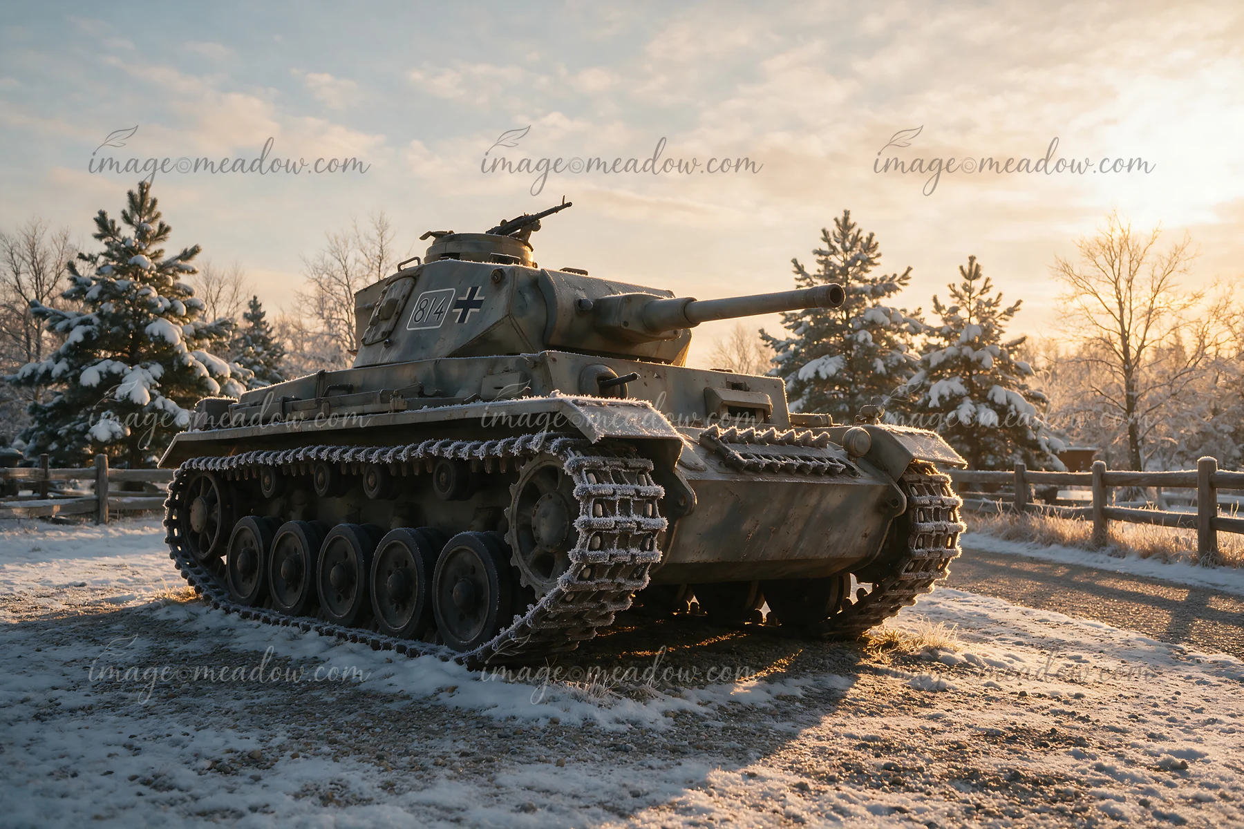 Historic panzer tank on outdoor museum display in snow beneath a warm sunset sky.