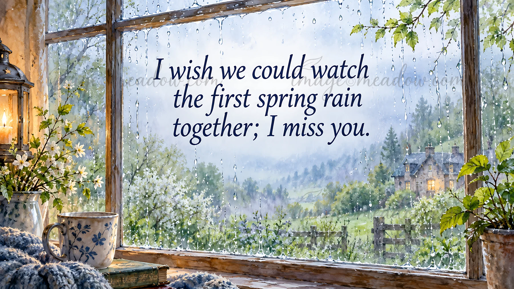 A watercolor-style greeting illustration shows blossoms, a mug and lantern beside a rain-speckled window overlooking a green cottage landscape. The message read