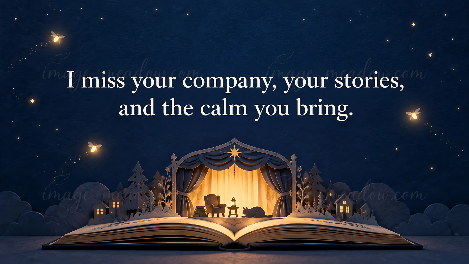 A sentimental I miss you greeting reads, “I miss your company, your stories, and the calm you bring.” An open storybook reveals a warmly lit stage, a chair, a t