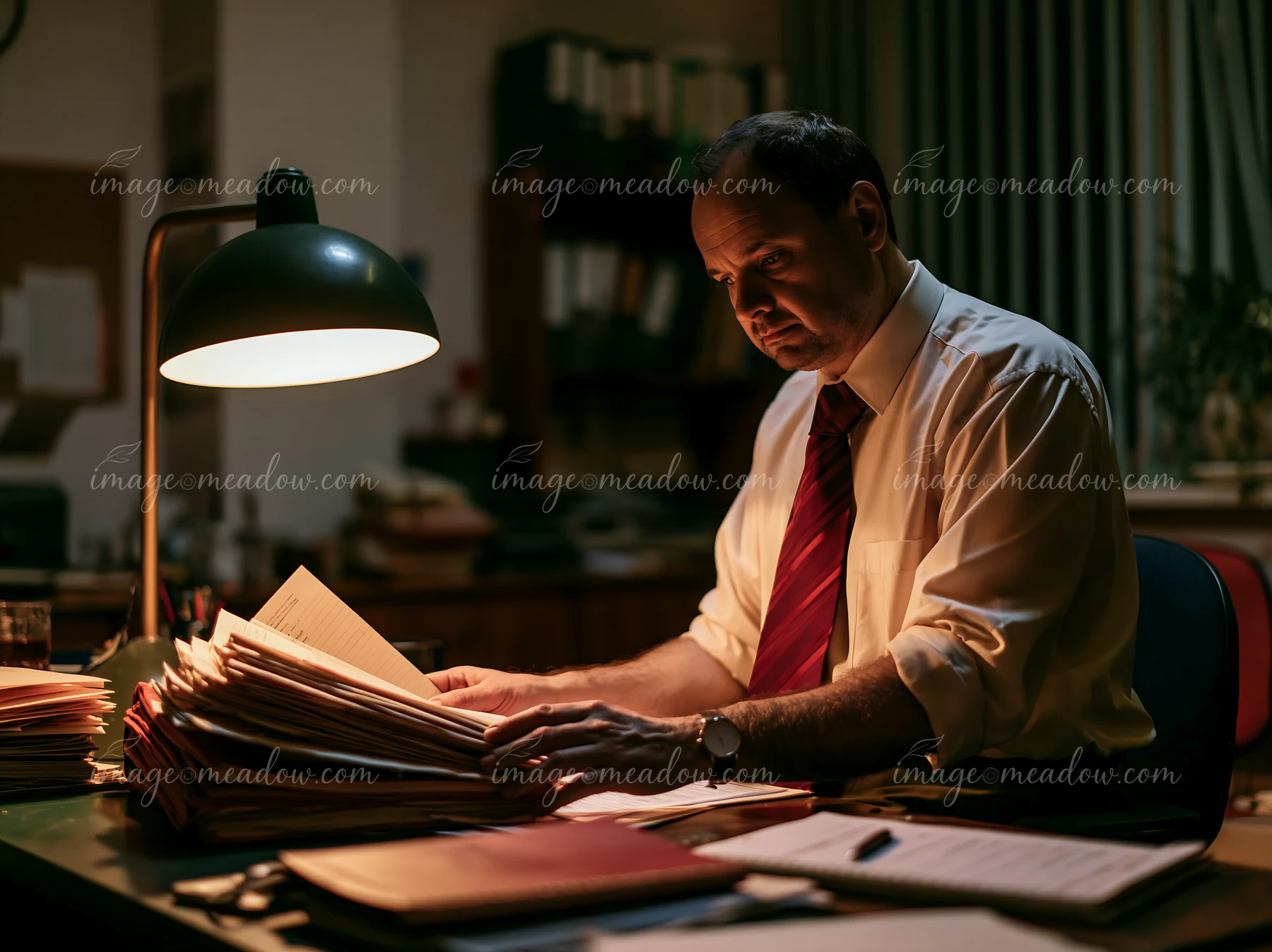 Investigator organizes stacks of case documents at a desk under a warm lamp in a dim office.