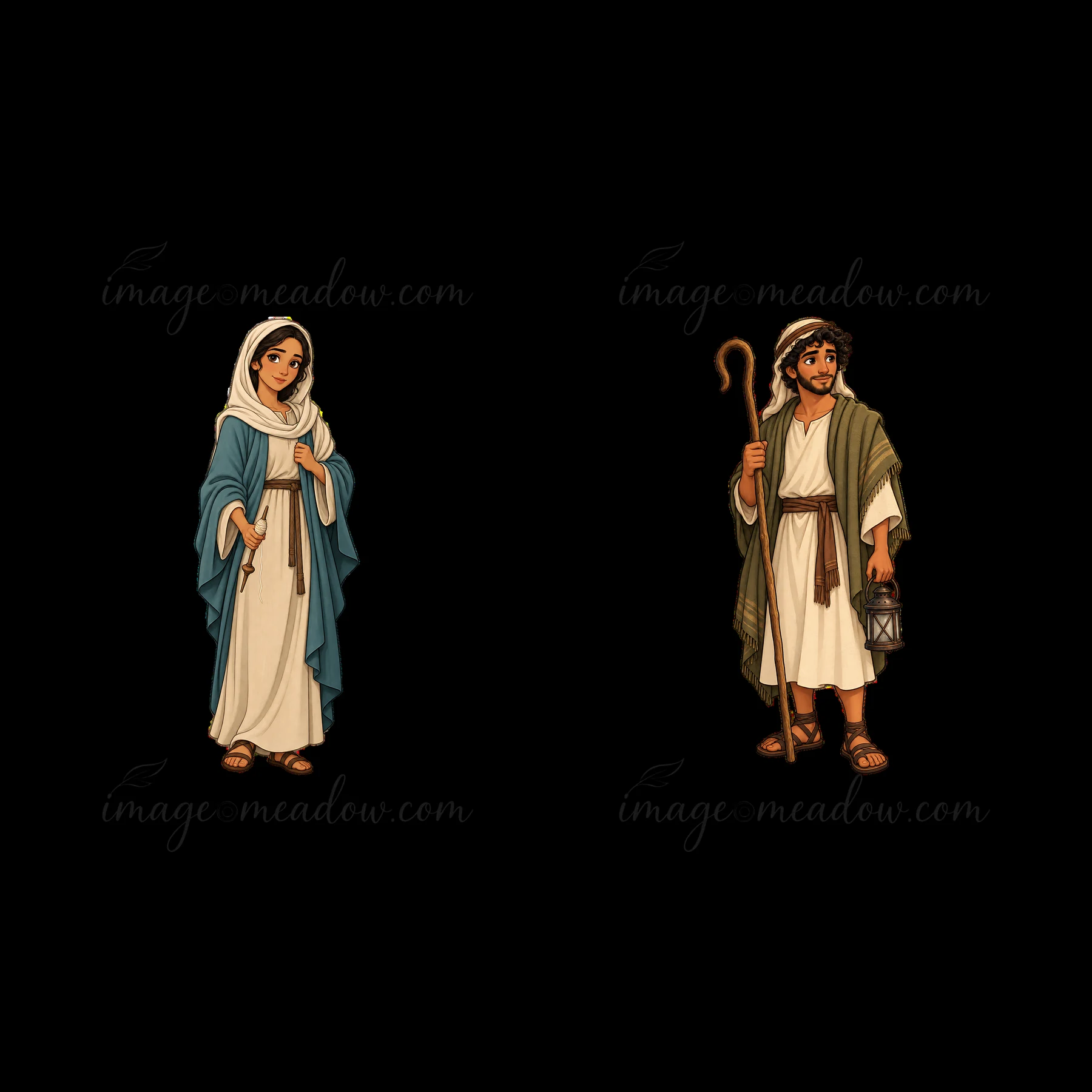Mary stands on the left wearing a blue robe and white dress. Jesus is on the right, holding a lantern and a staff. They are arranged together in a transparent f