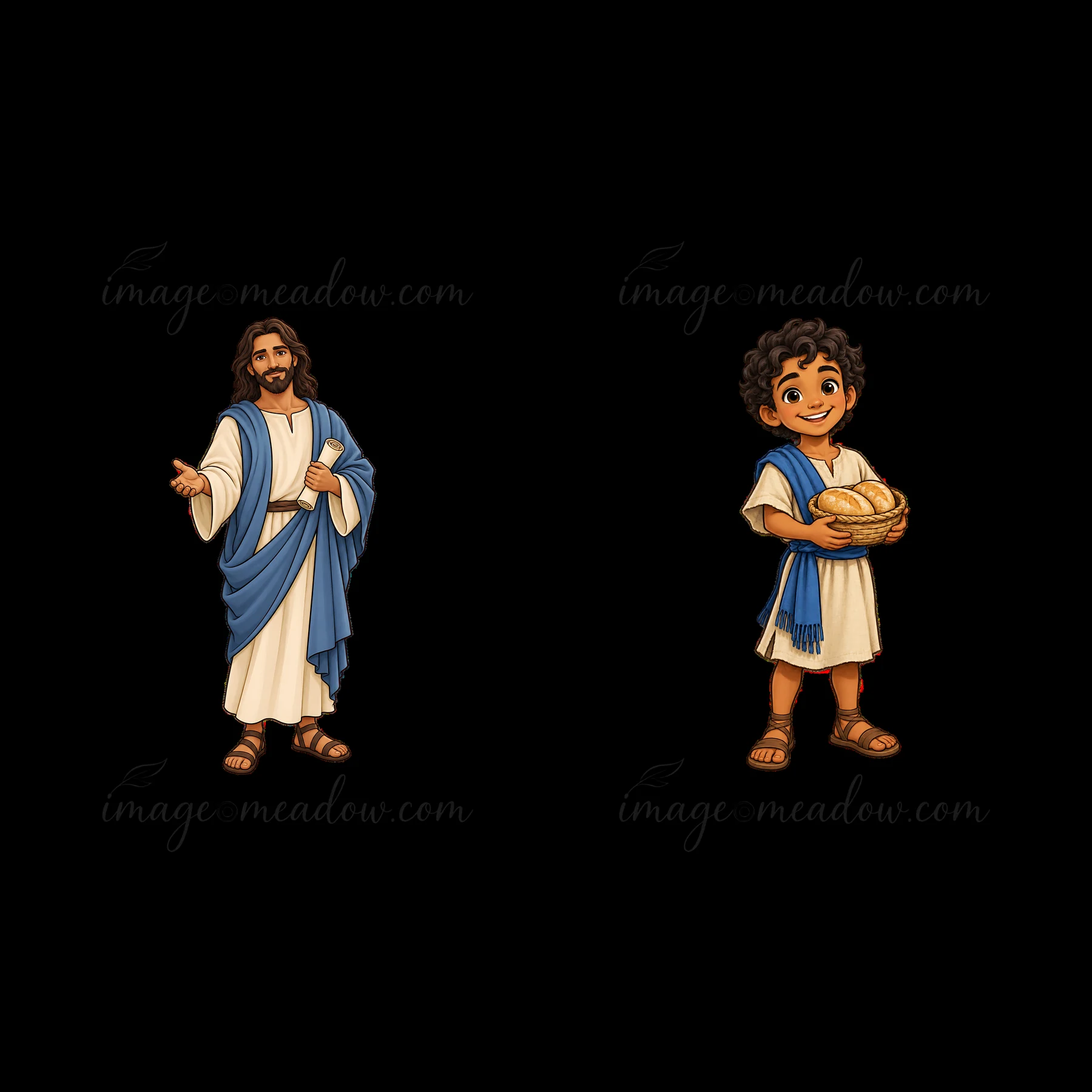 Jesus gestures toward a young boy holding a basket of bread. The boy, smiling, stands in a simple outfit. This scene represents sharing and kindness in a biblic