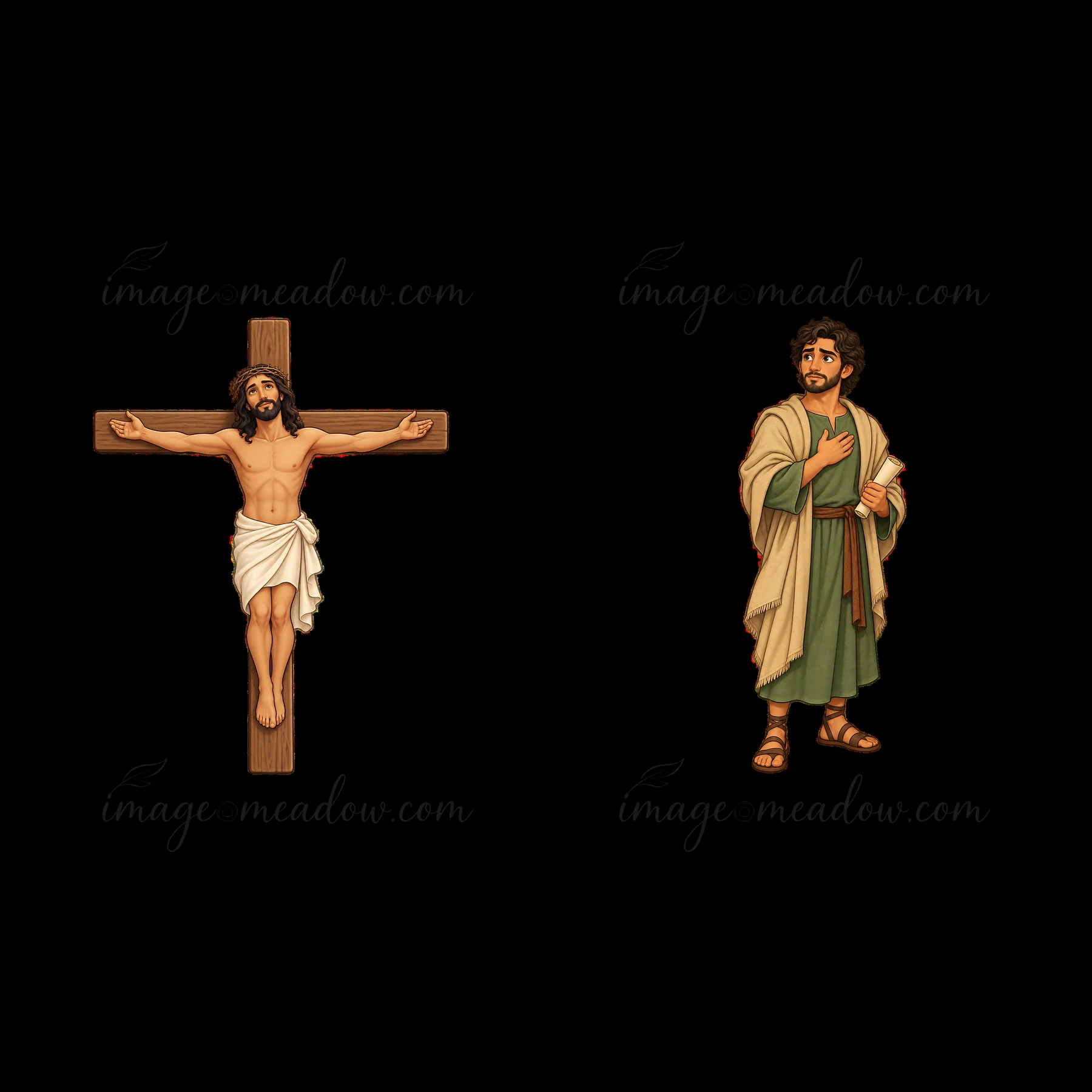 Jesus hangs on a wooden cross with arms outstretched. Beside him stands a man in a robe, hand on his chest, looking toward Jesus. The setting reflects a moment