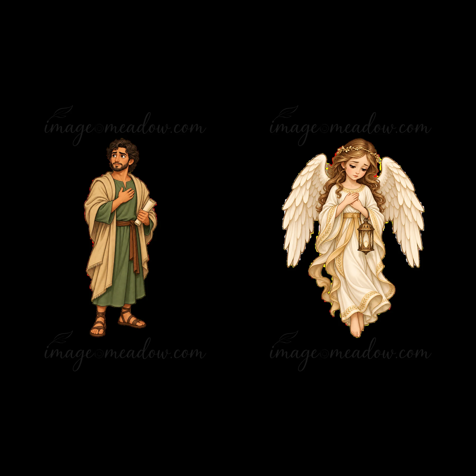 Jesus is depicted on the cross with an angel nearby holding a lantern. The scene shows a blend of human and divine elements with a focus on the moment of sacrif