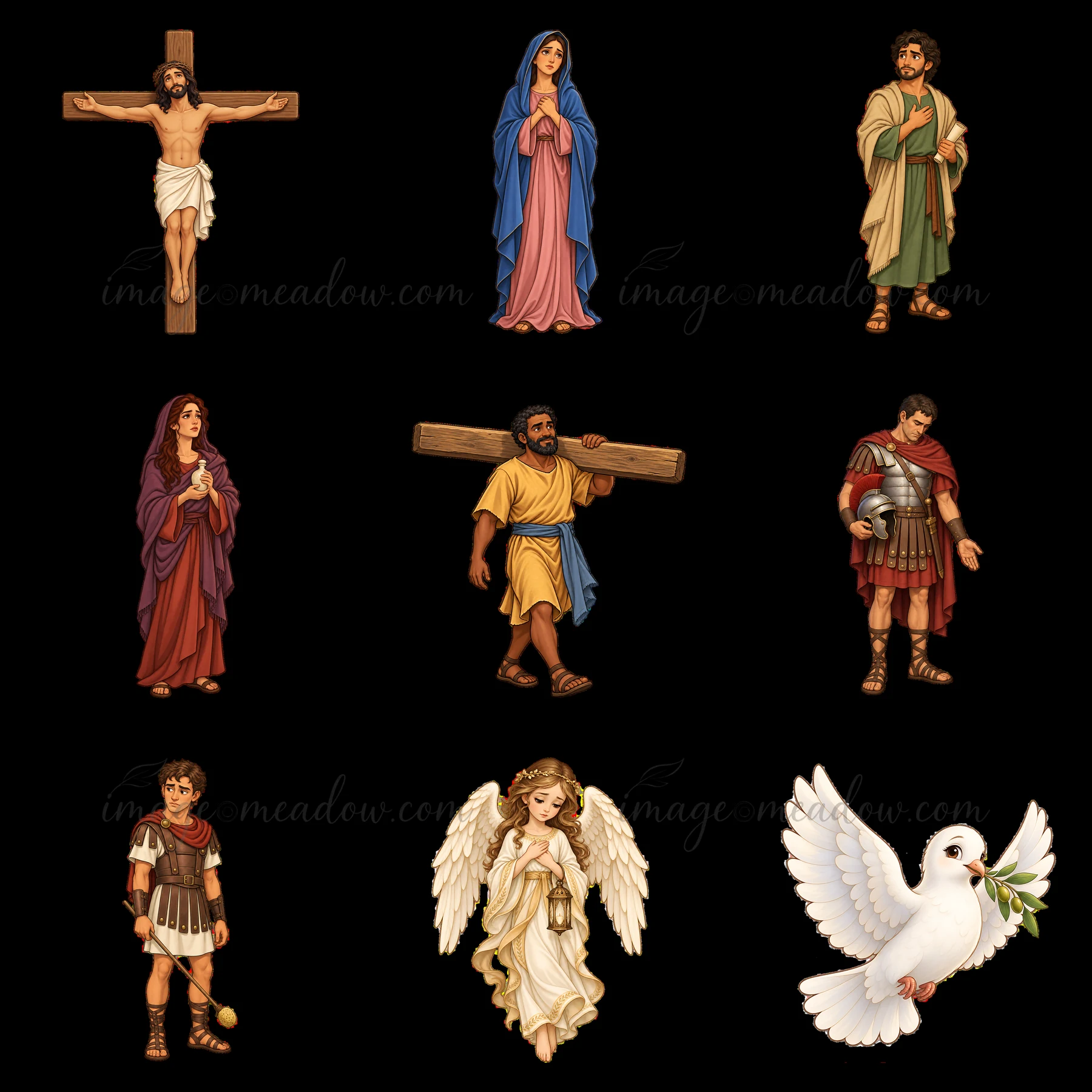 A grid layout shows Jesus nailed to the cross with figures from the Bible, including angels, soldiers, and a man carrying a cross. The scene is colorful and dep
