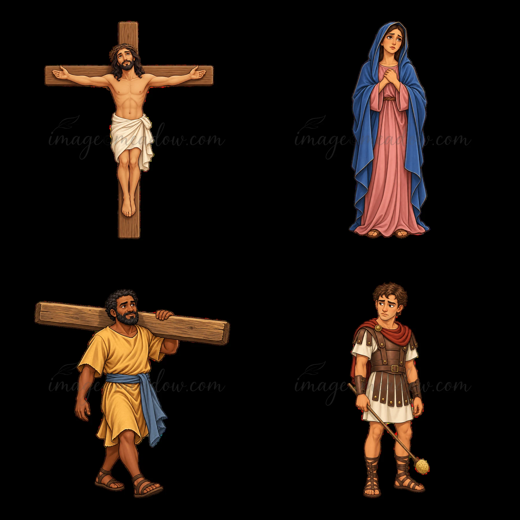 Jesus is on the cross with arms outstretched. Mary stands next to him in a blue cloak. Simon carries a large cross. A Roman soldier watches nearby in armor. The