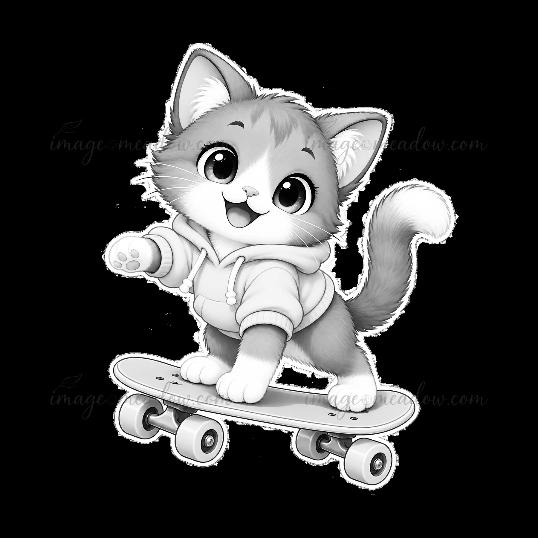 A cute cat rides a skateboard while wearing a hoodie. The cat has a playful expression with an outstretched paw. The design features a monochrome style with det