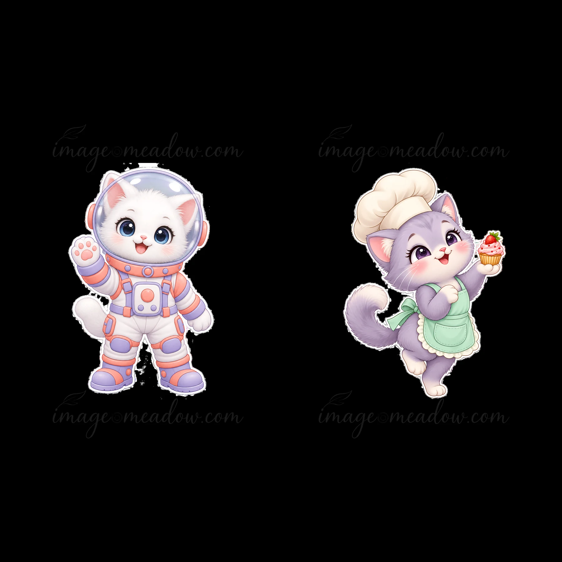 Two cute cat characters are shown. One cat, dressed in an astronaut suit, waves cheerfully. The other cat, in a chef's outfit, holds a cupcake and smiles happil